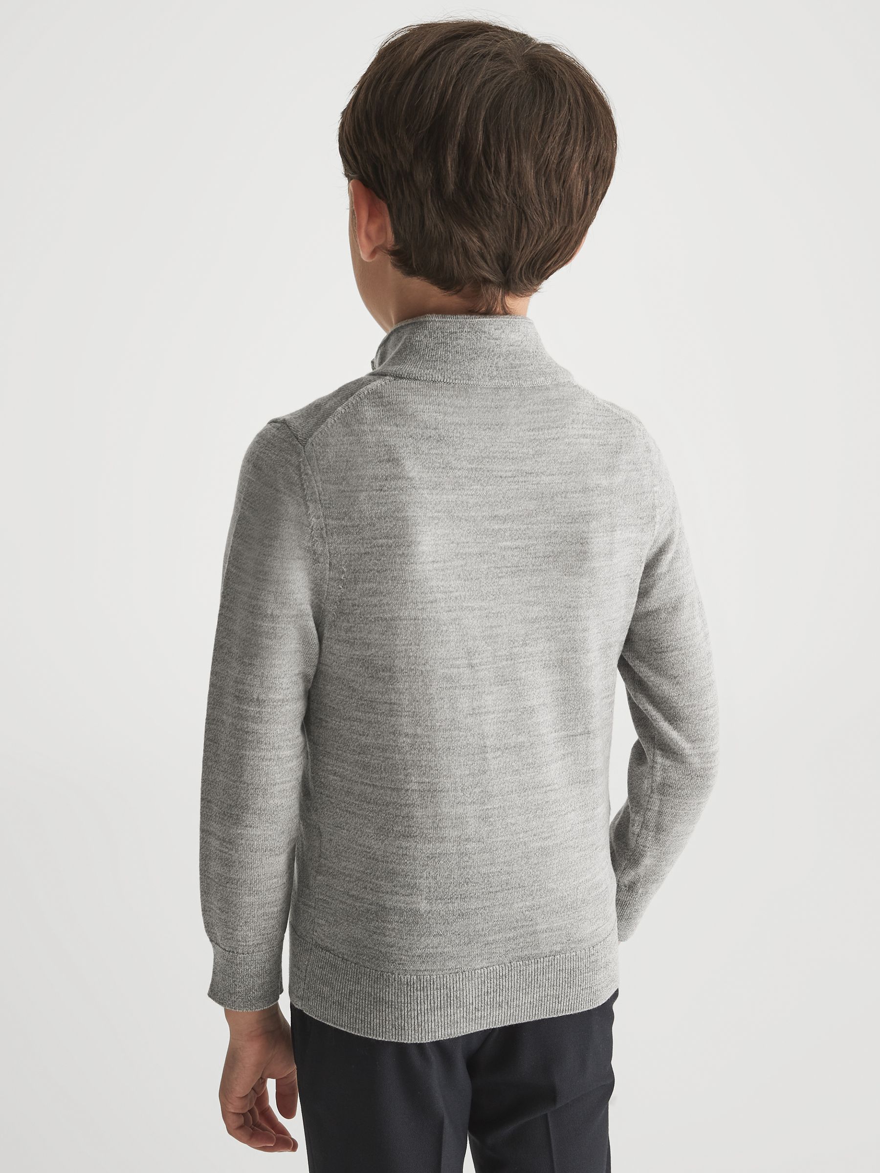 Slim Fit Merino Wool Zip Neck Jumper in Soft Grey Melange - Image 5 of 6