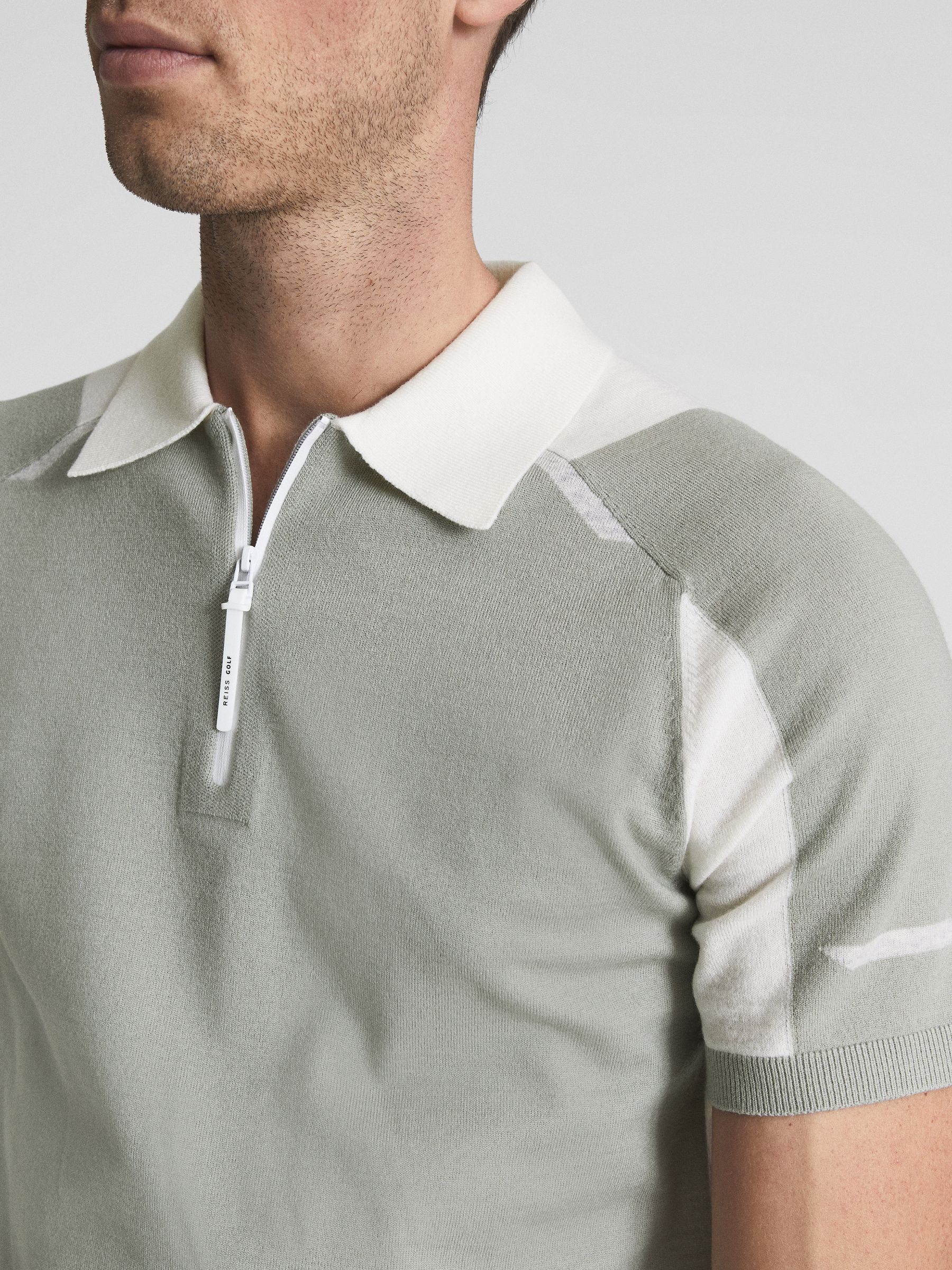 Colourblock Mercerised Short Sleeve Polo in Sage/Ecru - Image 1 of 7