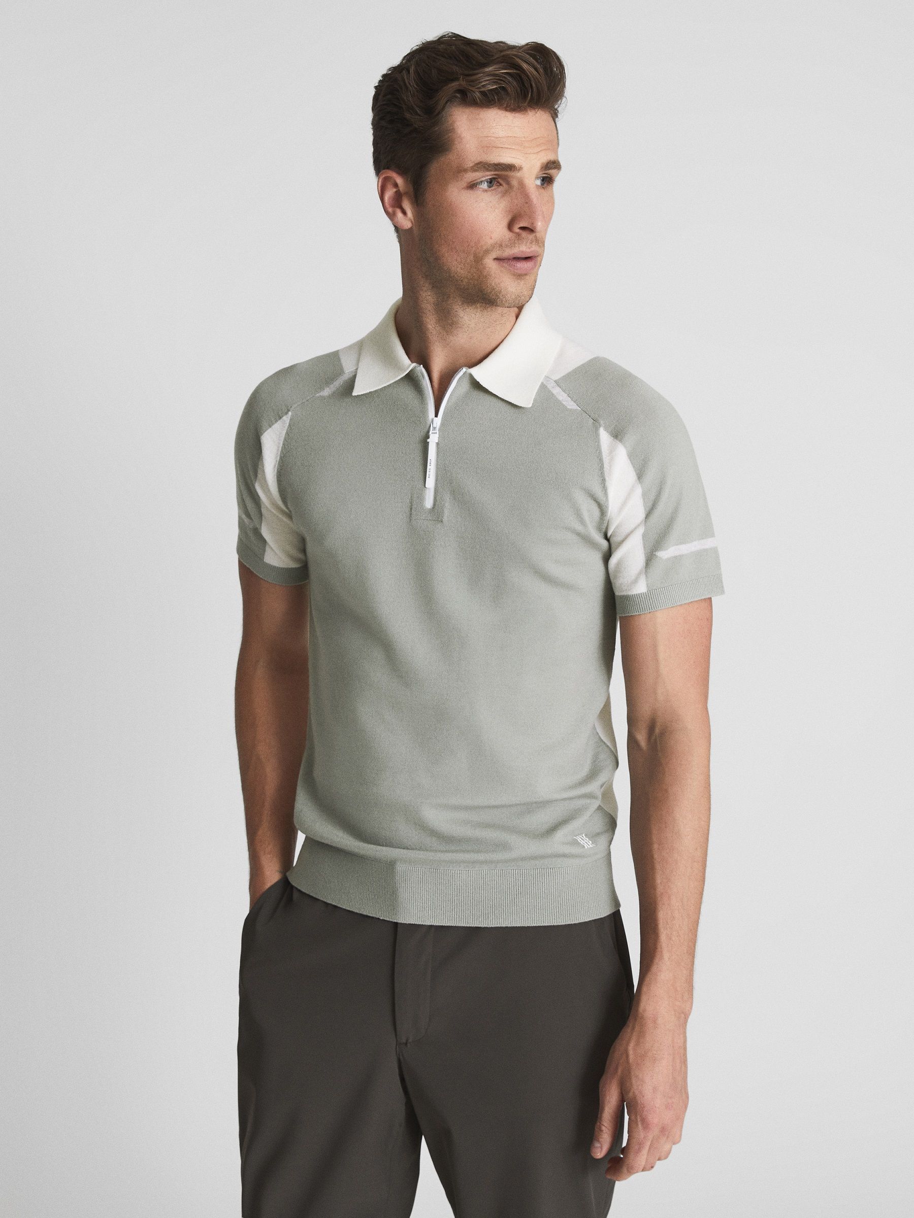 Colourblock Mercerised Short Sleeve Polo in Sage/Ecru - Image 3 of 7