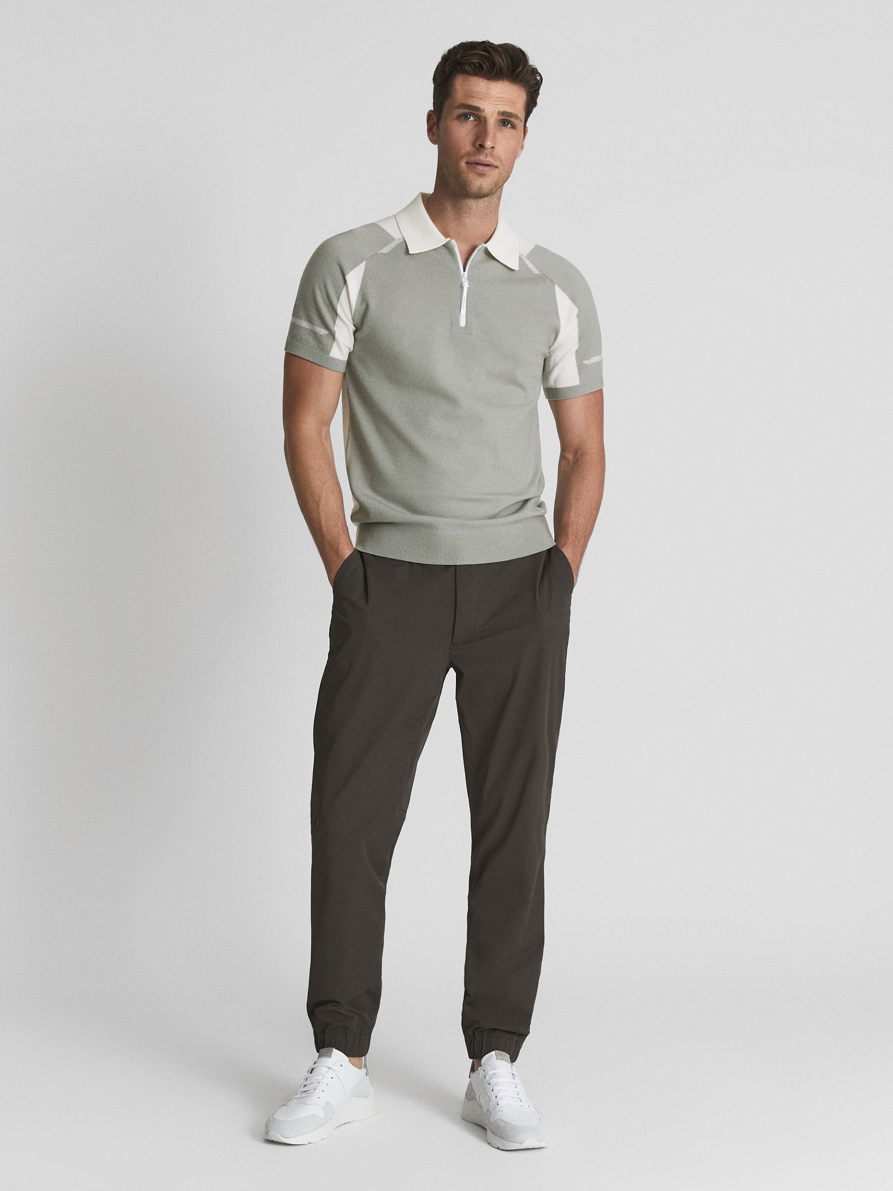 Colourblock Mercerised Short Sleeve Polo in Sage/Ecru - Image 4 of 7