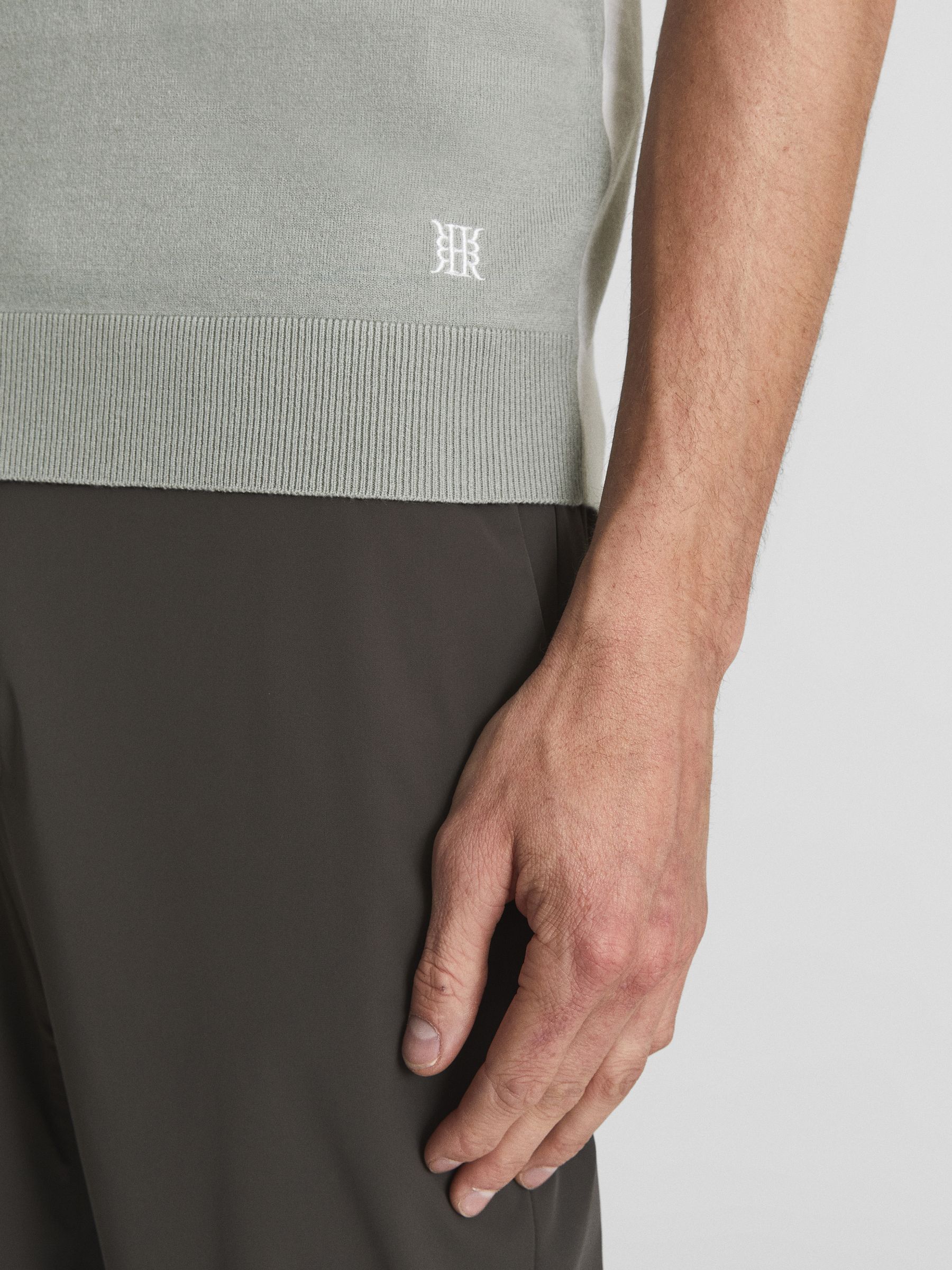 Colourblock Mercerised Short Sleeve Polo in Sage/Ecru - Image 6 of 7
