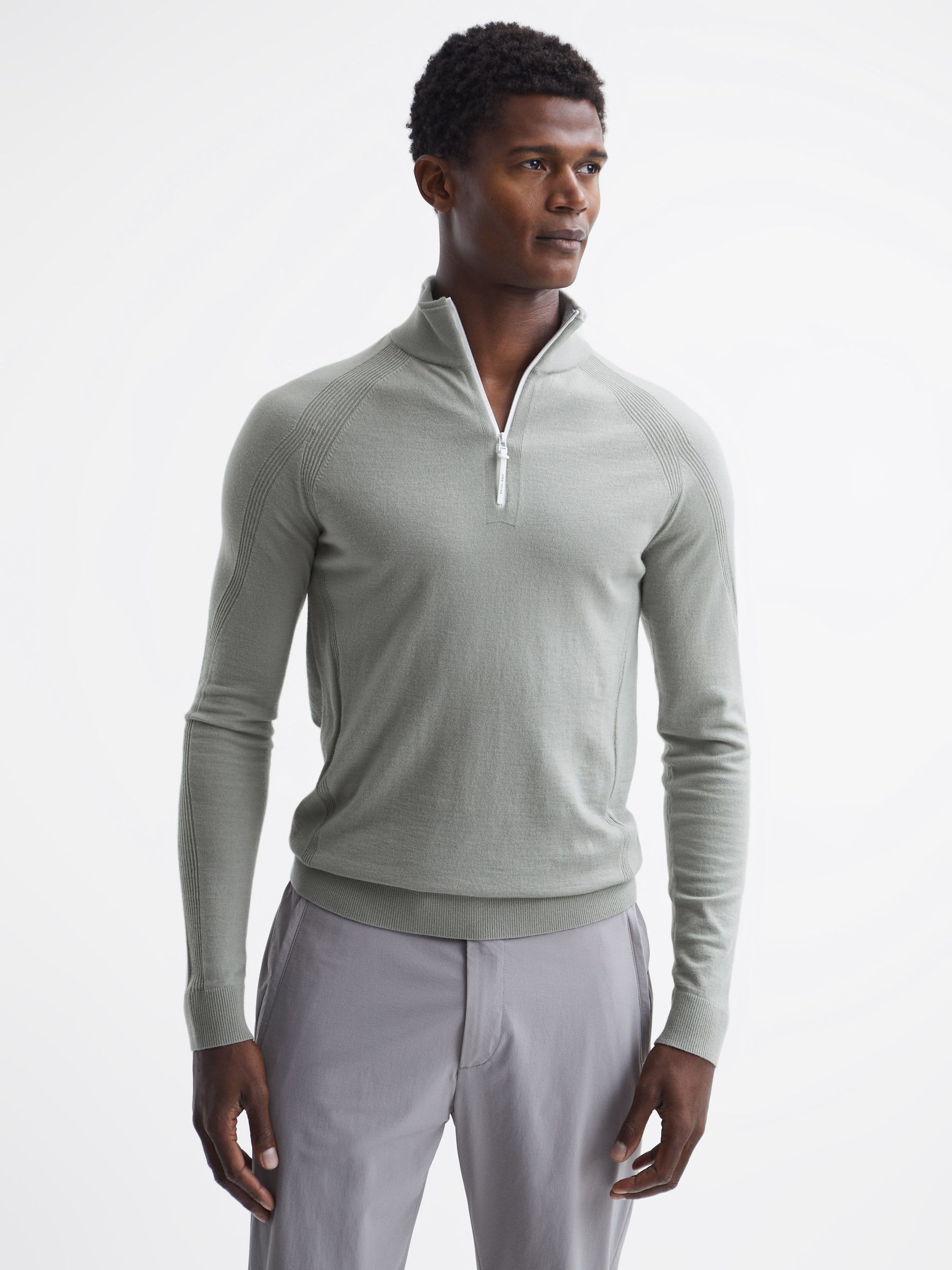 Golf Stretch Merino Zip Neck Jumper in Sage - Image 1 of 6 Golf Stretch Merino Zip Neck Jumper in Sage - Image 1 of 6