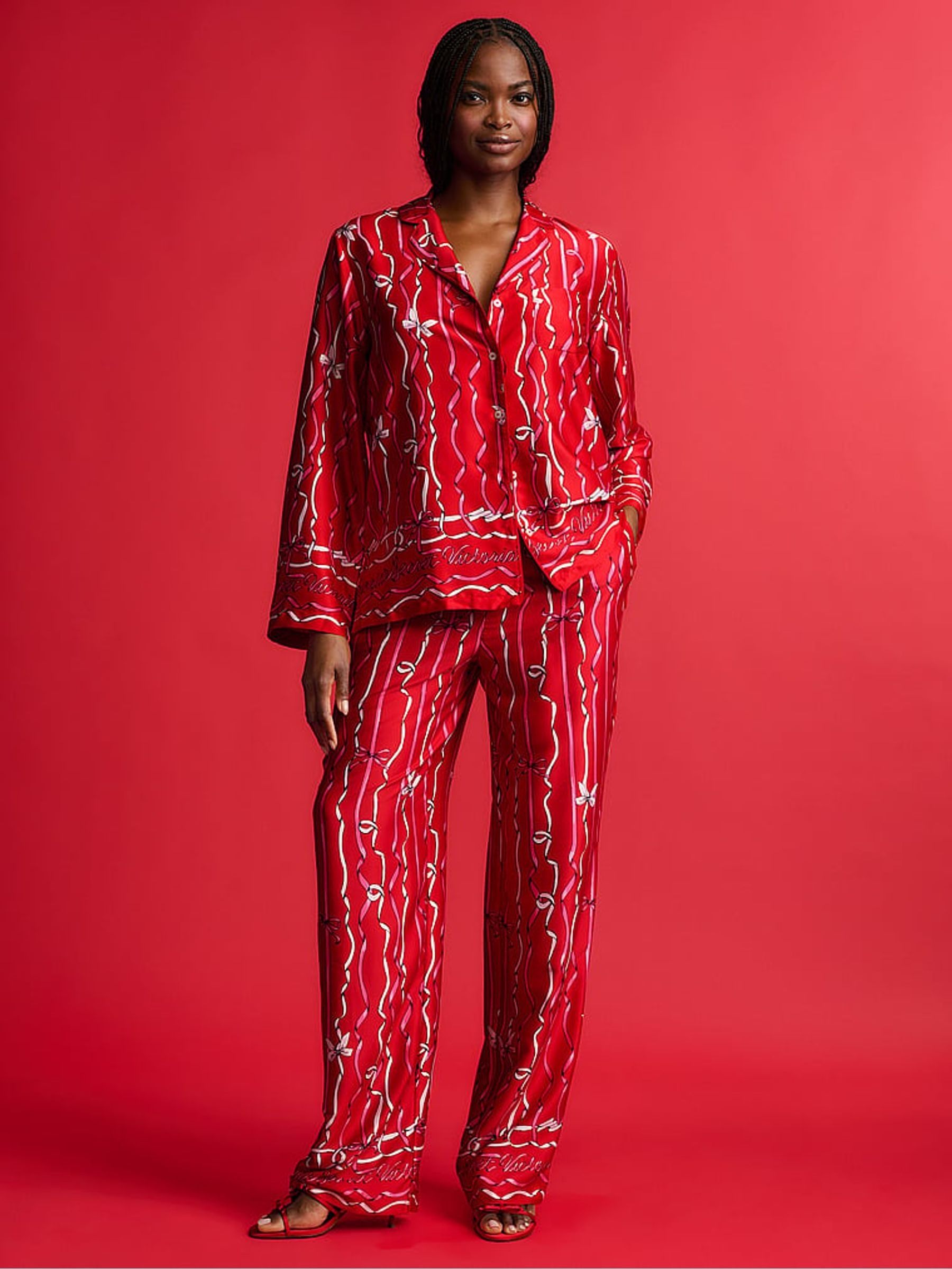Lipstick Red Bow Ribbon Satin Long Pyjamas Set - Image 1 of 4