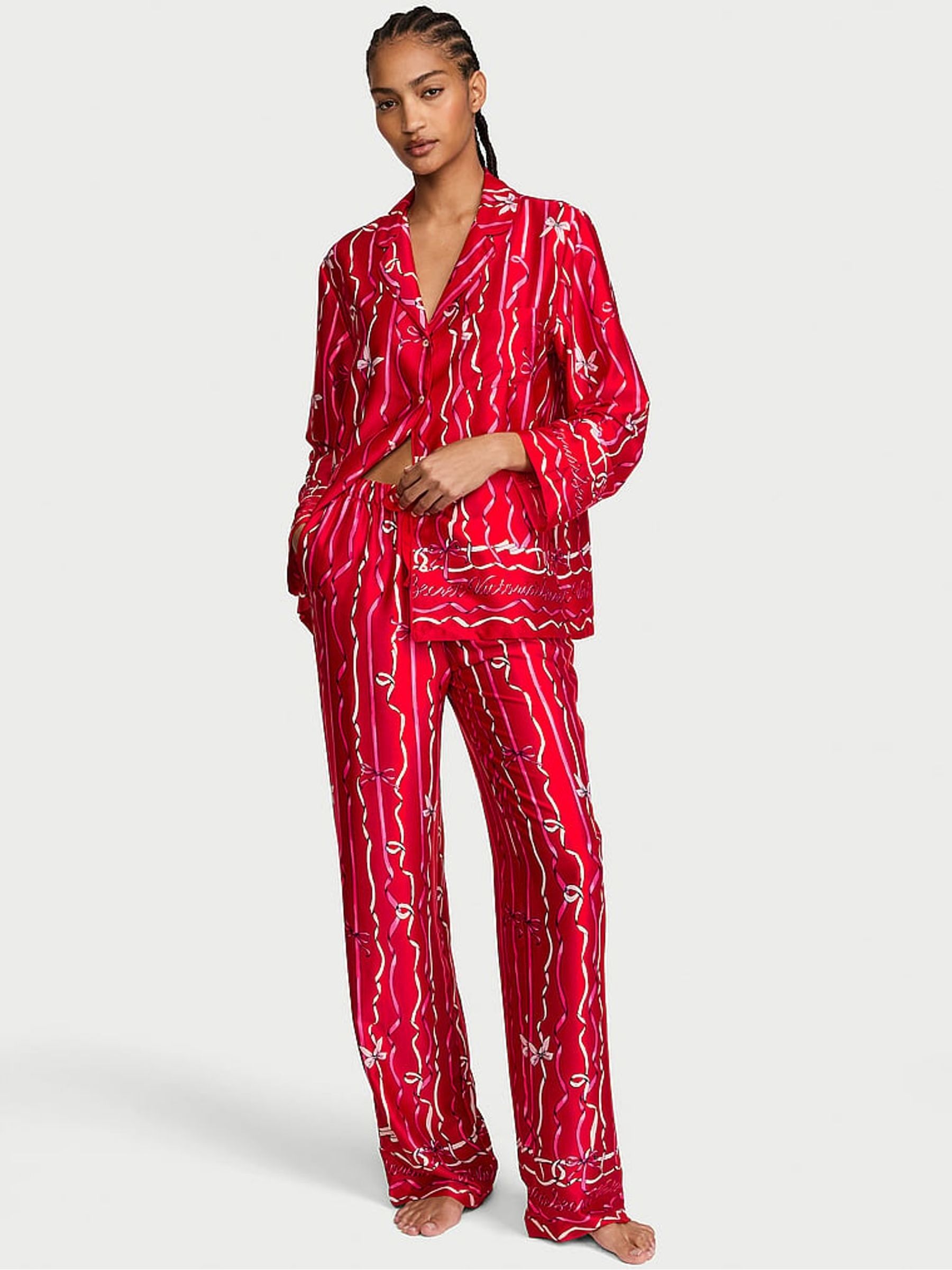 Lipstick Red Bow Ribbon Satin Long Pyjamas Set - Image 2 of 4