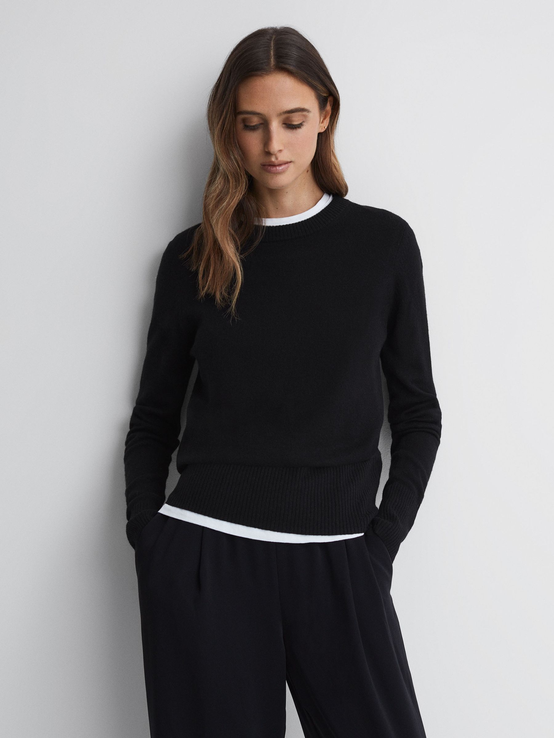 Wool Blend Crew Neck Jumper in Black - Image 1 of 5