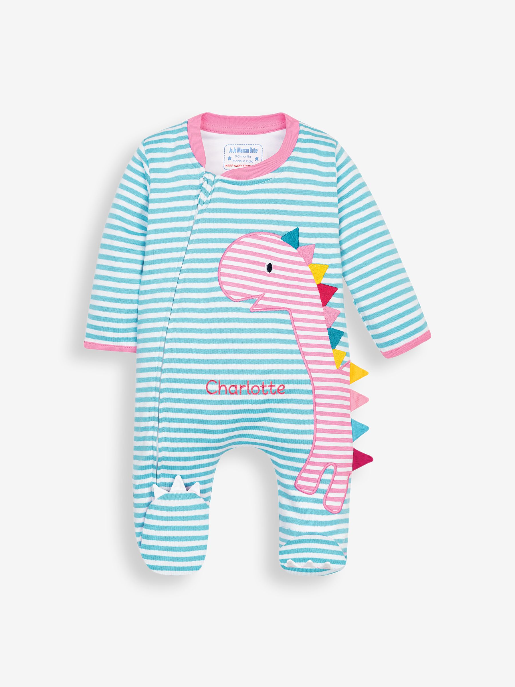 Pink Dinosaur Personalised Appliqué Cotton Zip Baby Sleepsuit