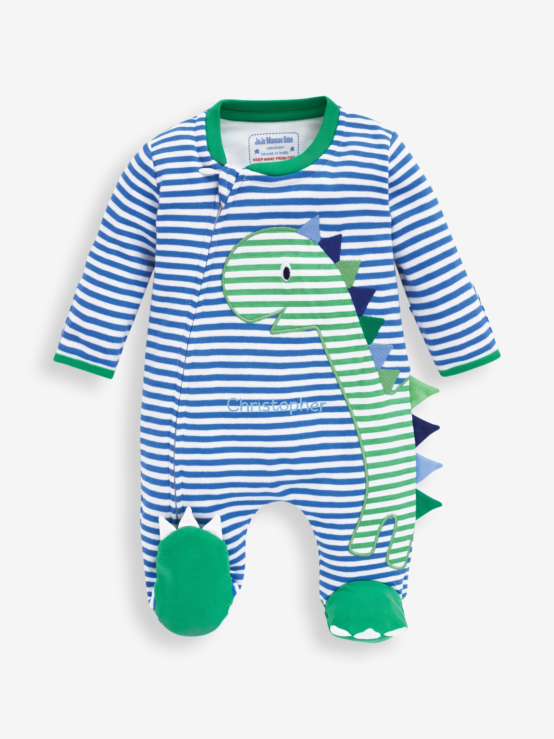 Blue Dinosaur Personalised Appliqué Cotton Zip Baby Sleepsuit - Image 1 of 3