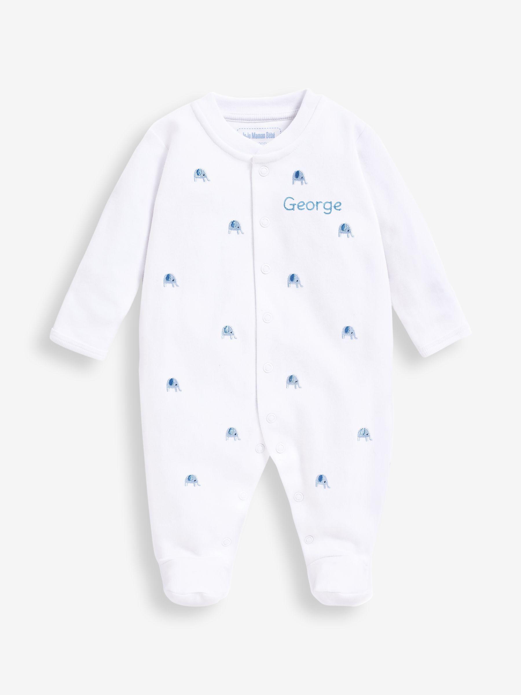 Blue Elephant Personalised Embroidered Cotton Baby Sleepsuit - Image 1 of 3