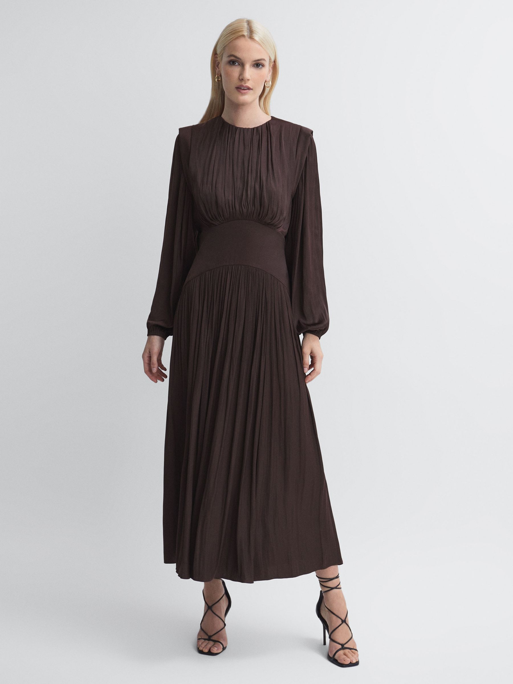 Florere Pleated Midi Dress in Chocolate - Image 1 of 7 Florere Pleated Midi Dress in Chocolate - Image 1 of 7