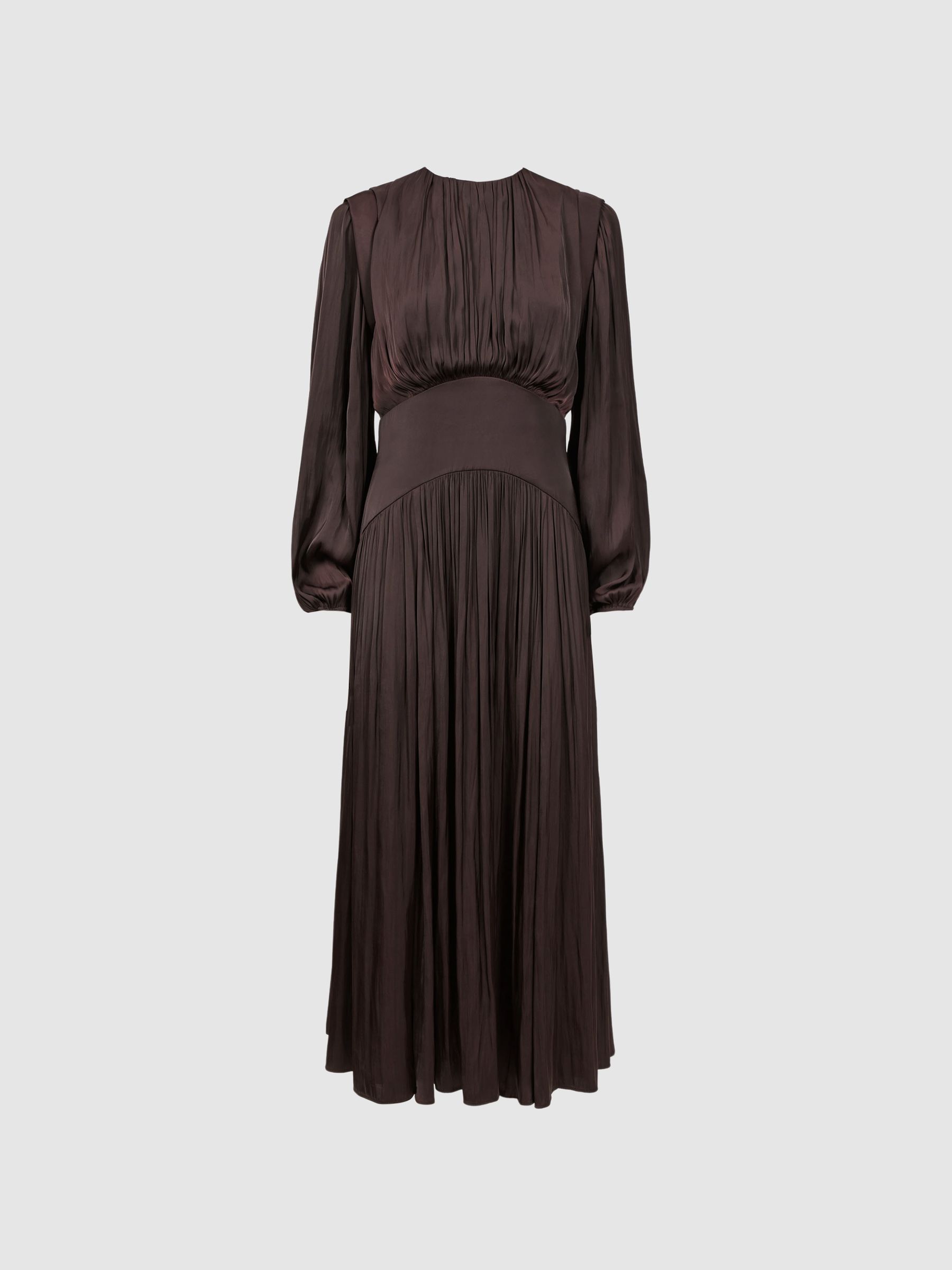 Florere Pleated Midi Dress in Chocolate - Image 2 of 7 Florere Pleated Midi Dress in Chocolate - Image 2 of 7