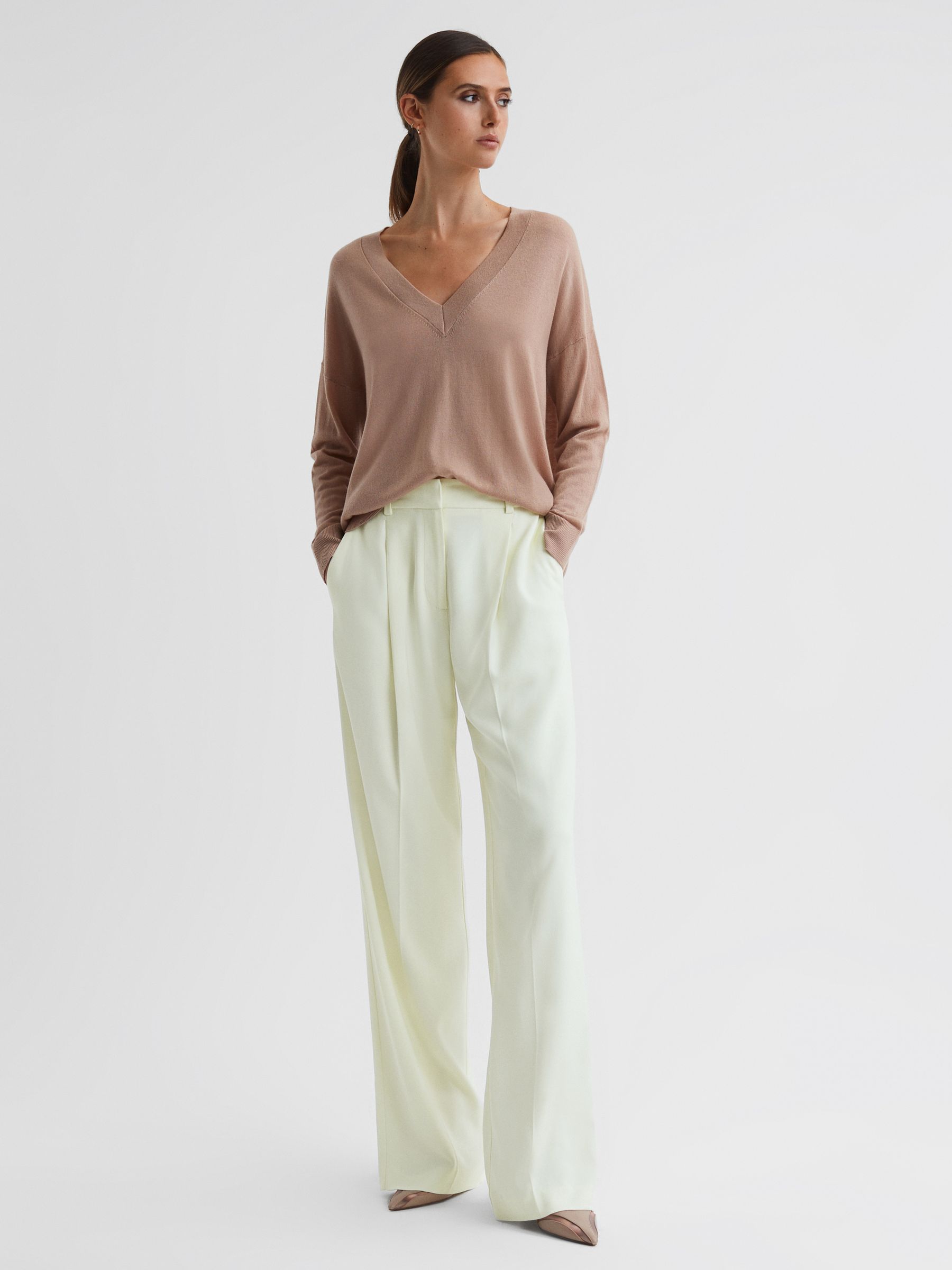 Mid Rise Wide Leg Trousers in Pale Yellow - Image 1 of 5