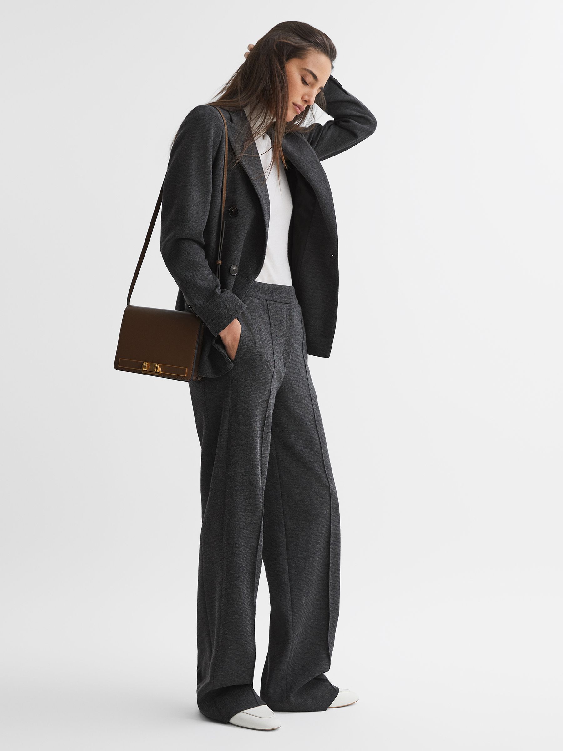Petite Wool Blend Wide Leg Suit Trousers in Grey Melange - Image 1 of 6