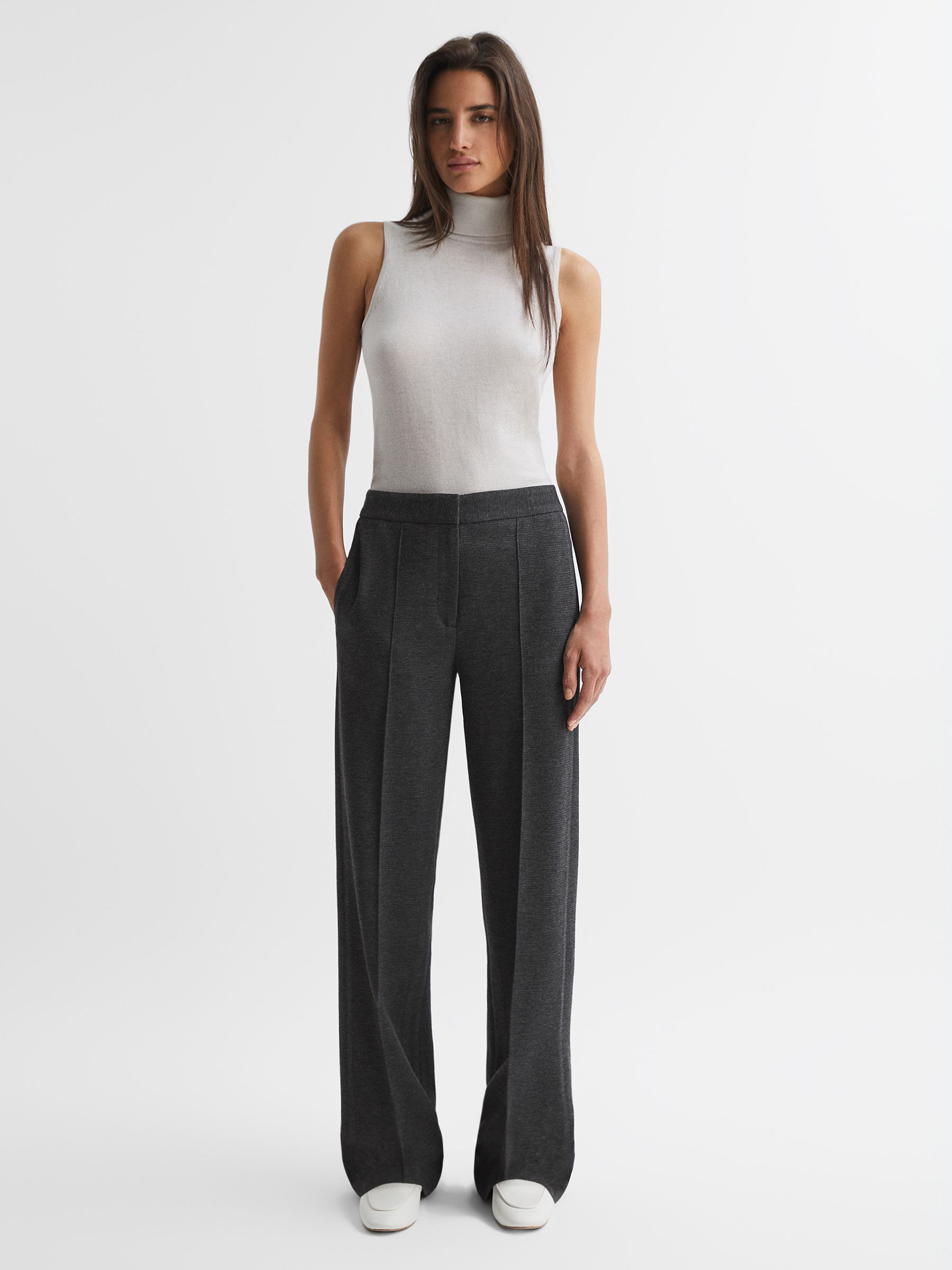 Petite Wool Blend Wide Leg Suit Trousers in Grey Melange - Image 5 of 6