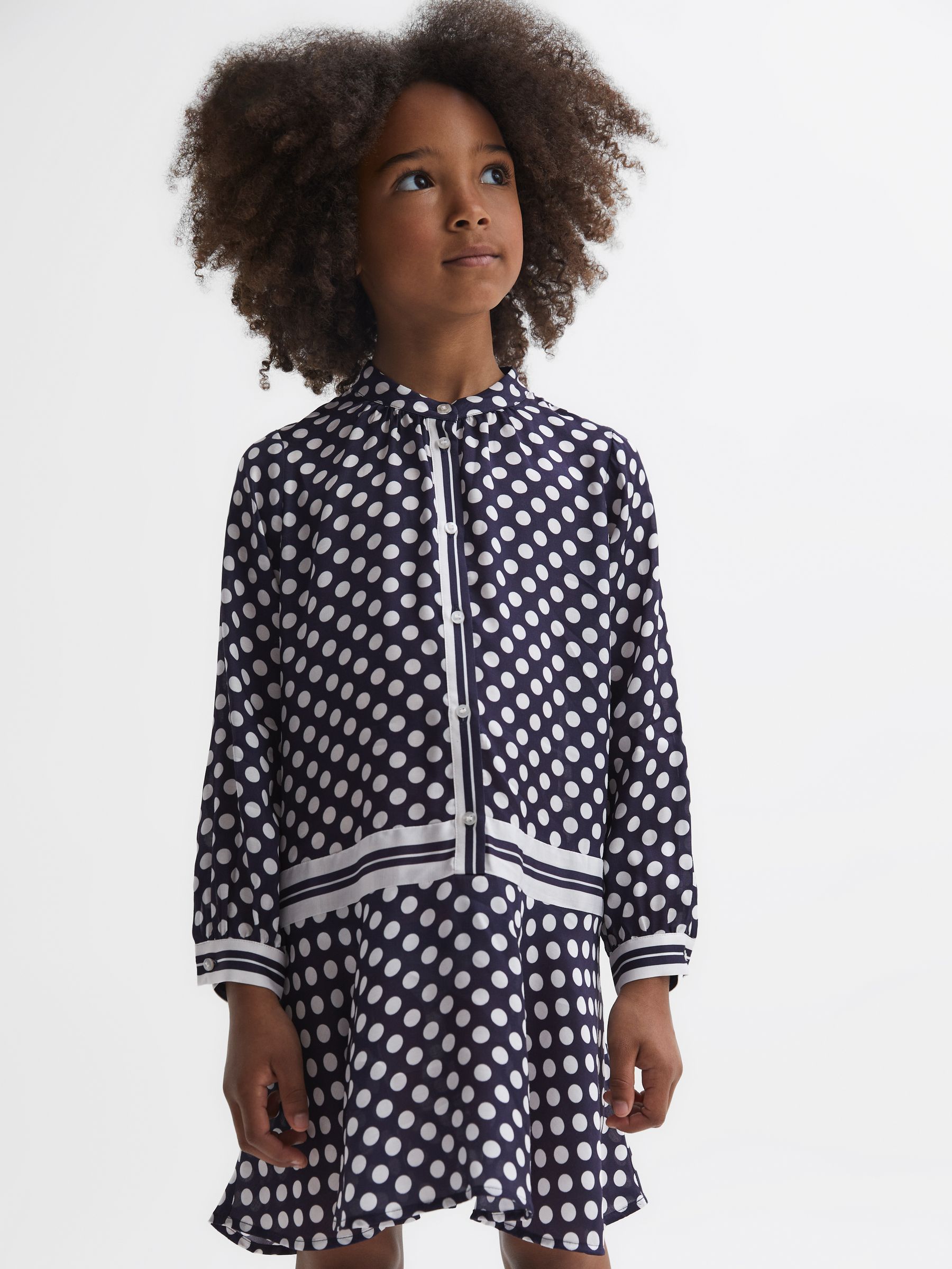 9-14 yrs Polka Dot Long Sleeve Dress in Navy Print - Image 1 of 6 9-14 yrs Polka Dot Long Sleeve Dress in Navy Print - Image 1 of 6