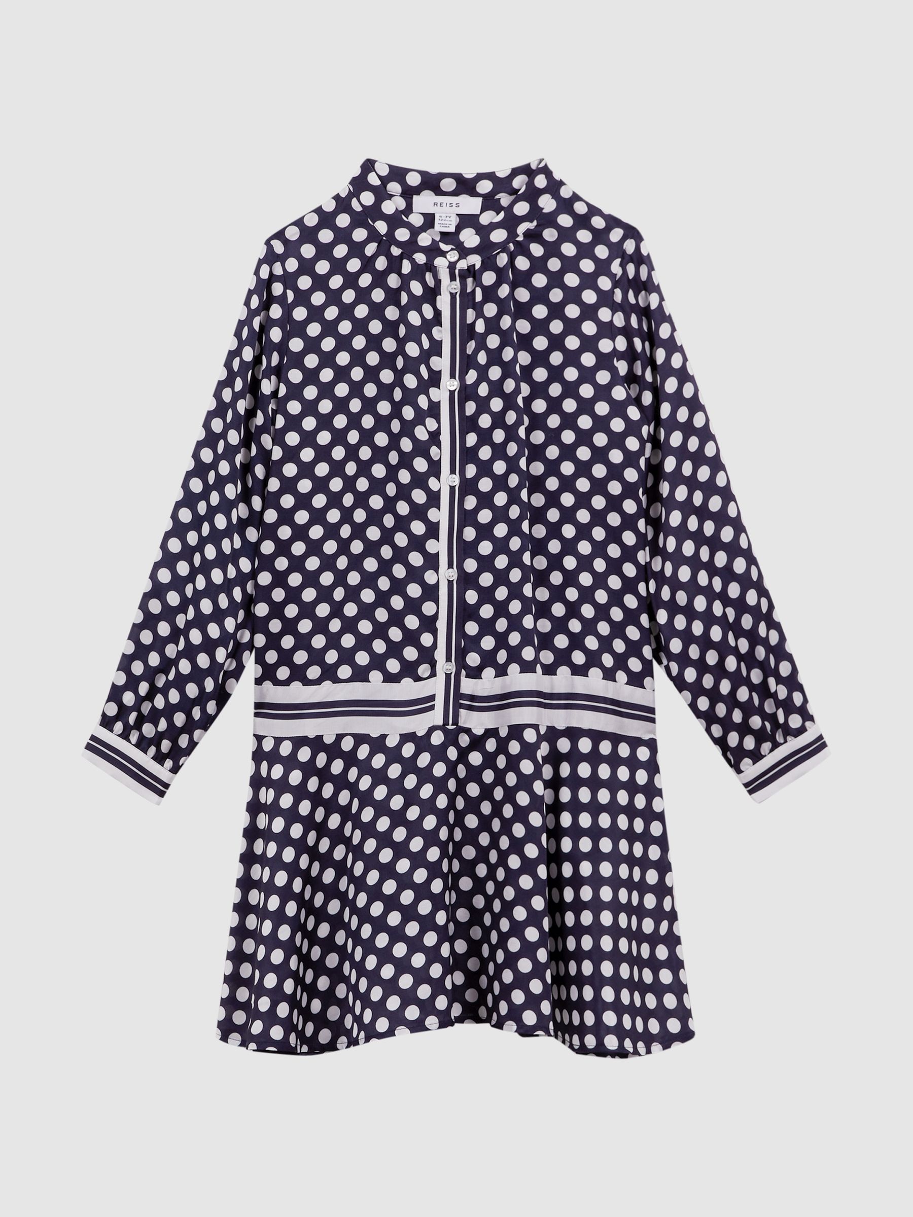 9-14 yrs Polka Dot Long Sleeve Dress in Navy Print - Image 2 of 6 9-14 yrs Polka Dot Long Sleeve Dress in Navy Print - Image 2 of 6
