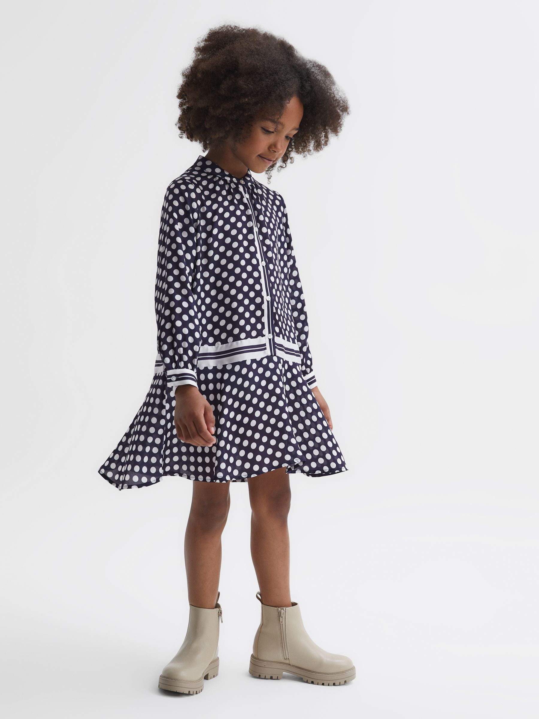 9-14 yrs Polka Dot Long Sleeve Dress in Navy Print - Image 3 of 6