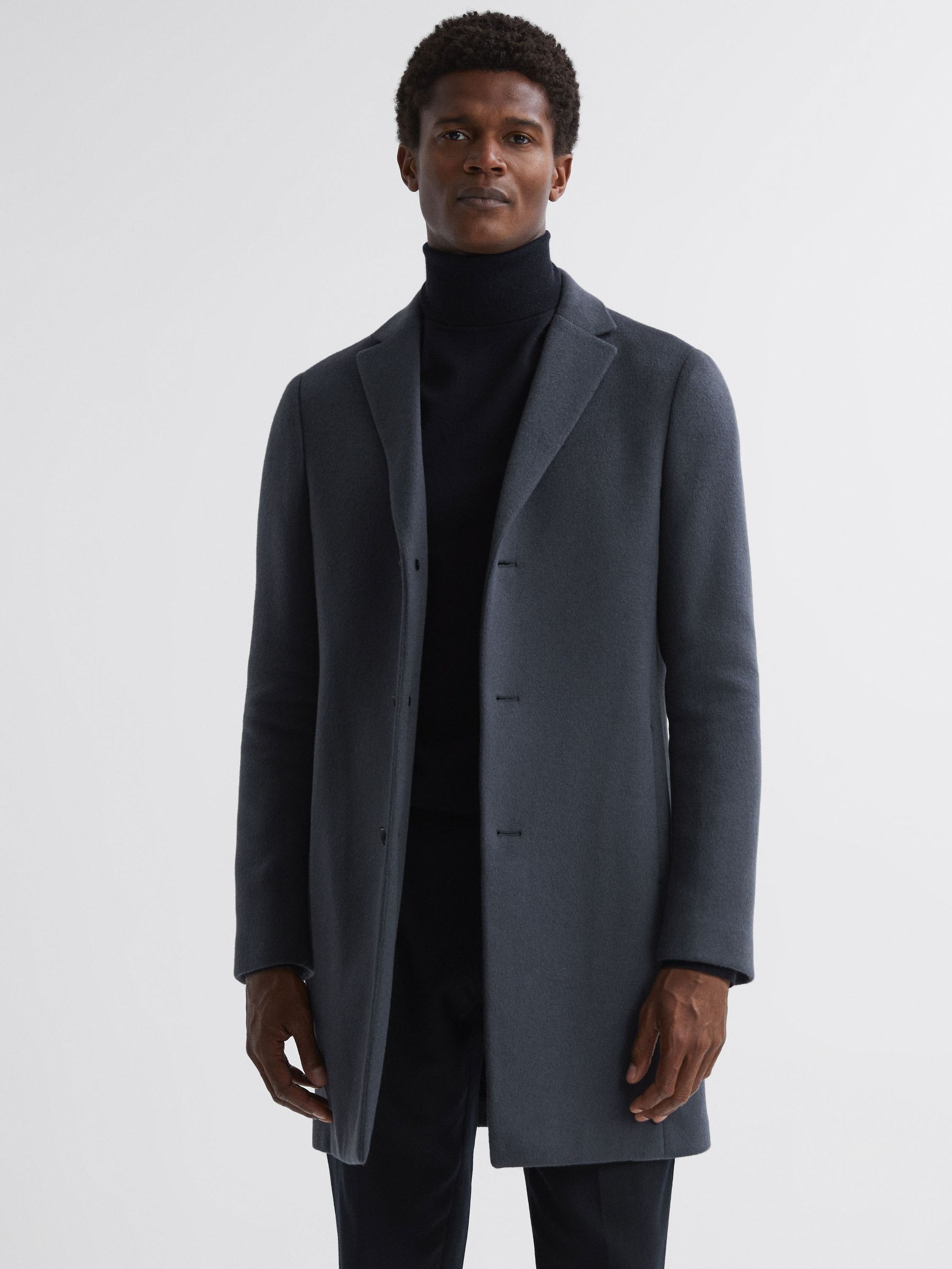 Wool Blend Single Breasted Epsom Overcoat in Airforce Blue - Image 1 of 5 Wool Blend Single Breasted Epsom Overcoat in Airforce Blue - Image 1 of 5