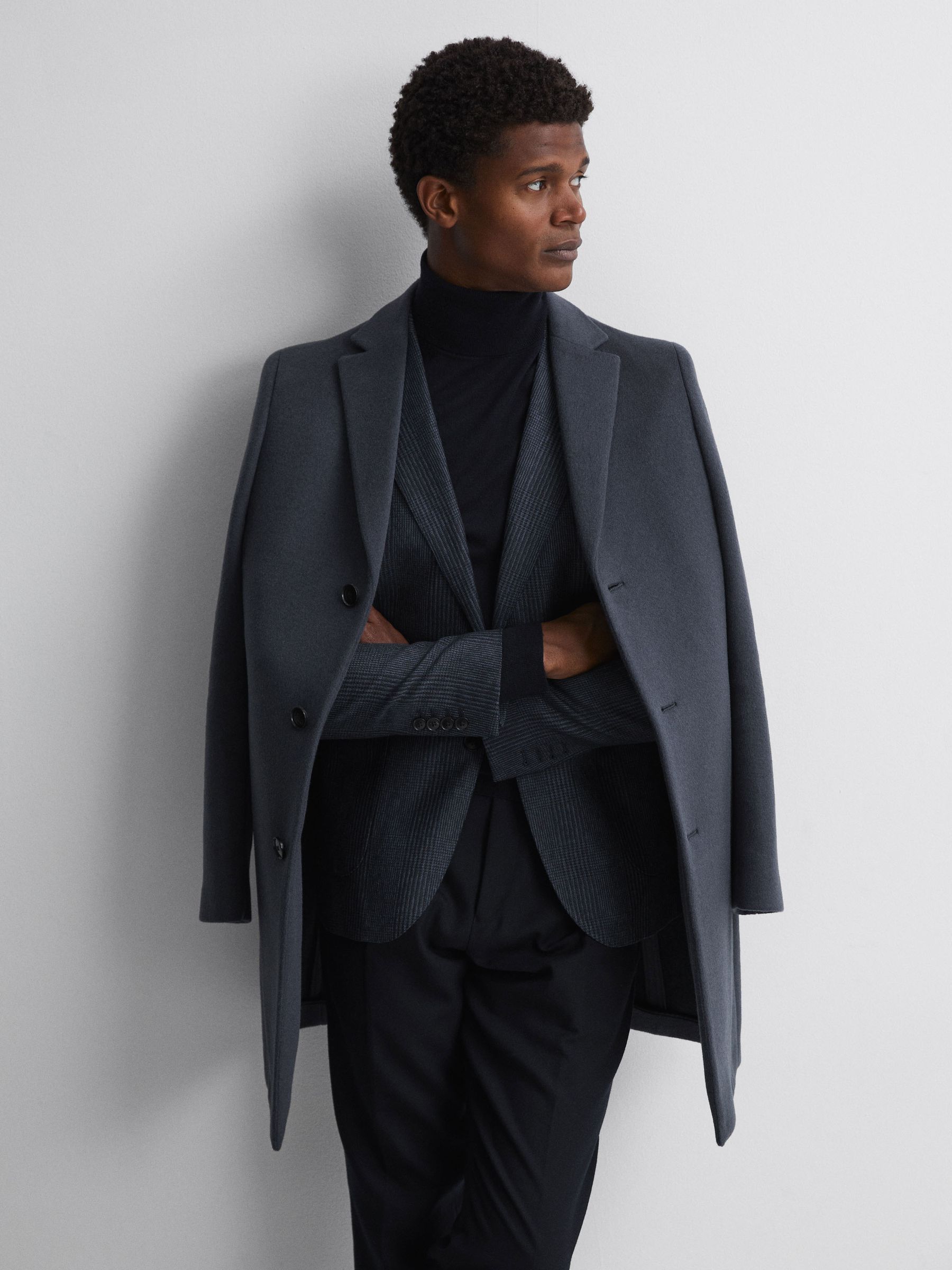 Wool Blend Single Breasted Epsom Overcoat in Airforce Blue - Image 3 of 5