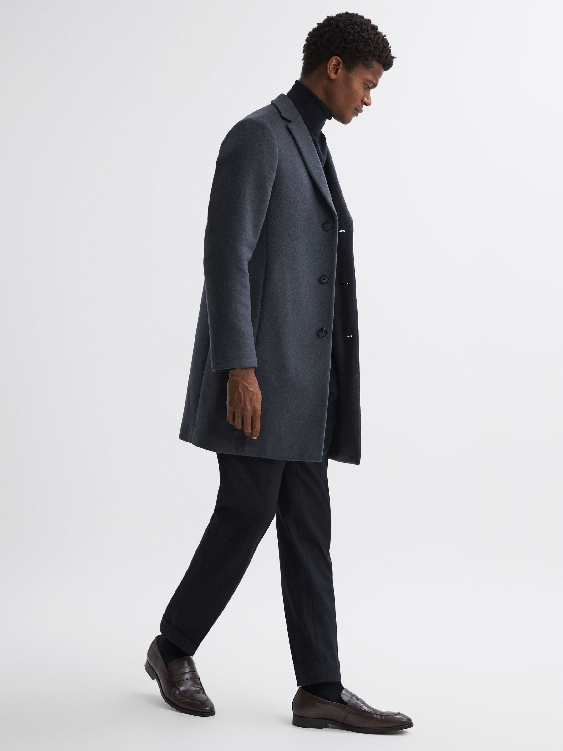 Wool Blend Single Breasted Epsom Overcoat in Airforce Blue - Image 4 of 5