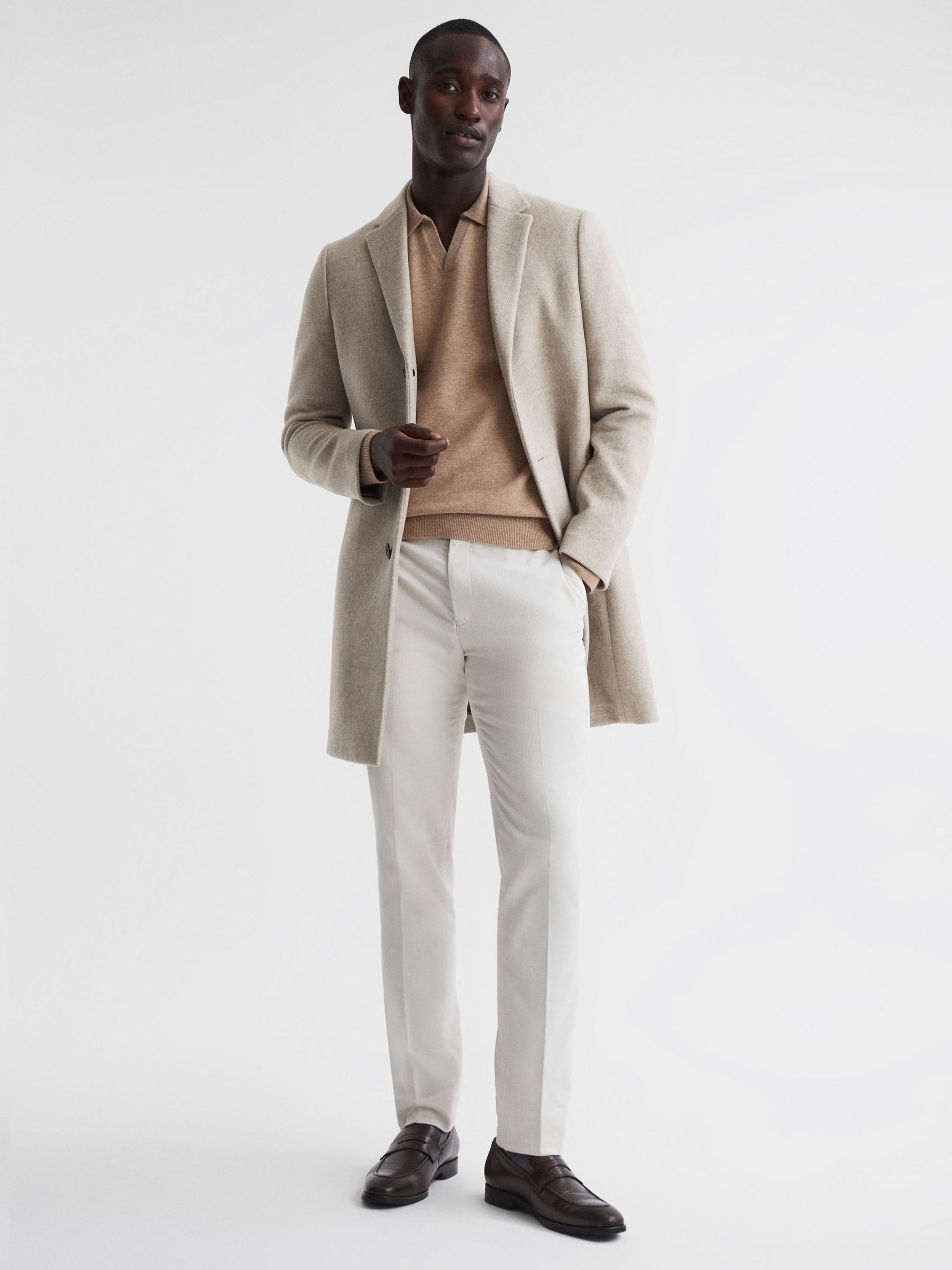 Wool Blend Single Breasted Epsom Overcoat in Stone Melange - Image 1 of 5 Wool Blend Single Breasted Epsom Overcoat in Stone Melange - Image 1 of 5