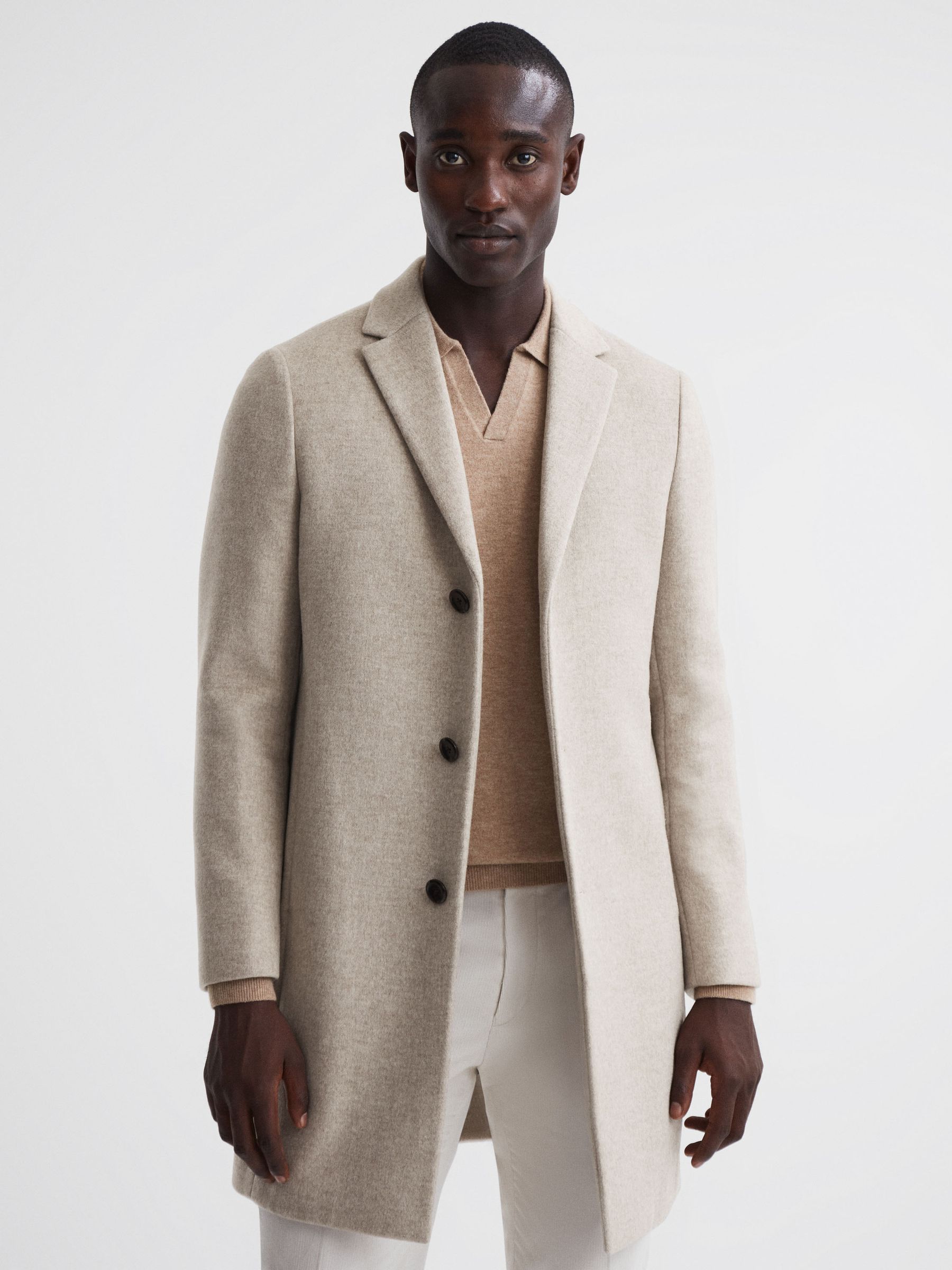Wool Blend Single Breasted Epsom Overcoat in Stone Melange - Image 3 of 5