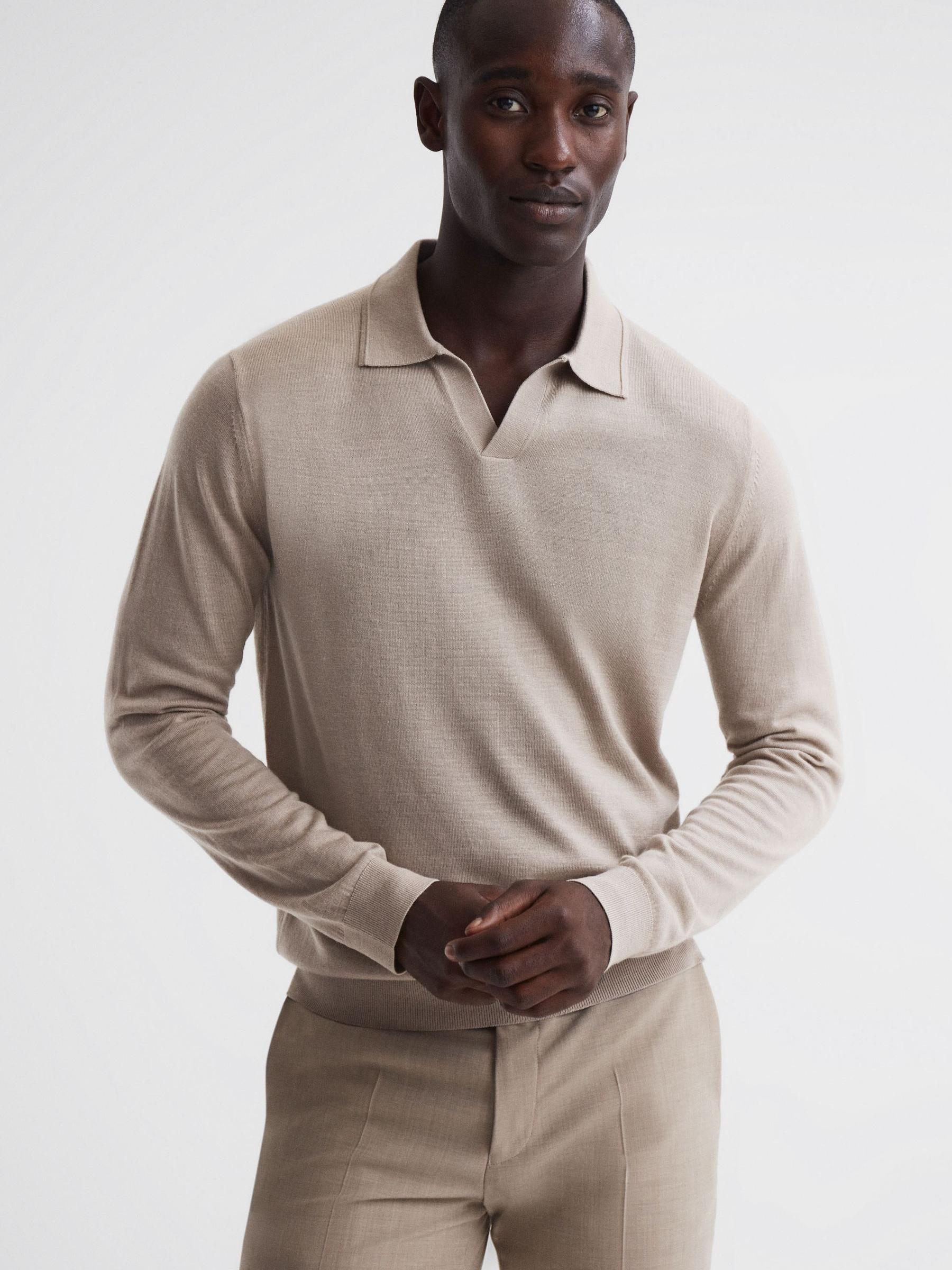 Milburn Mink Merino Wool Open Collar Polo Shirt - Image 1 of 5