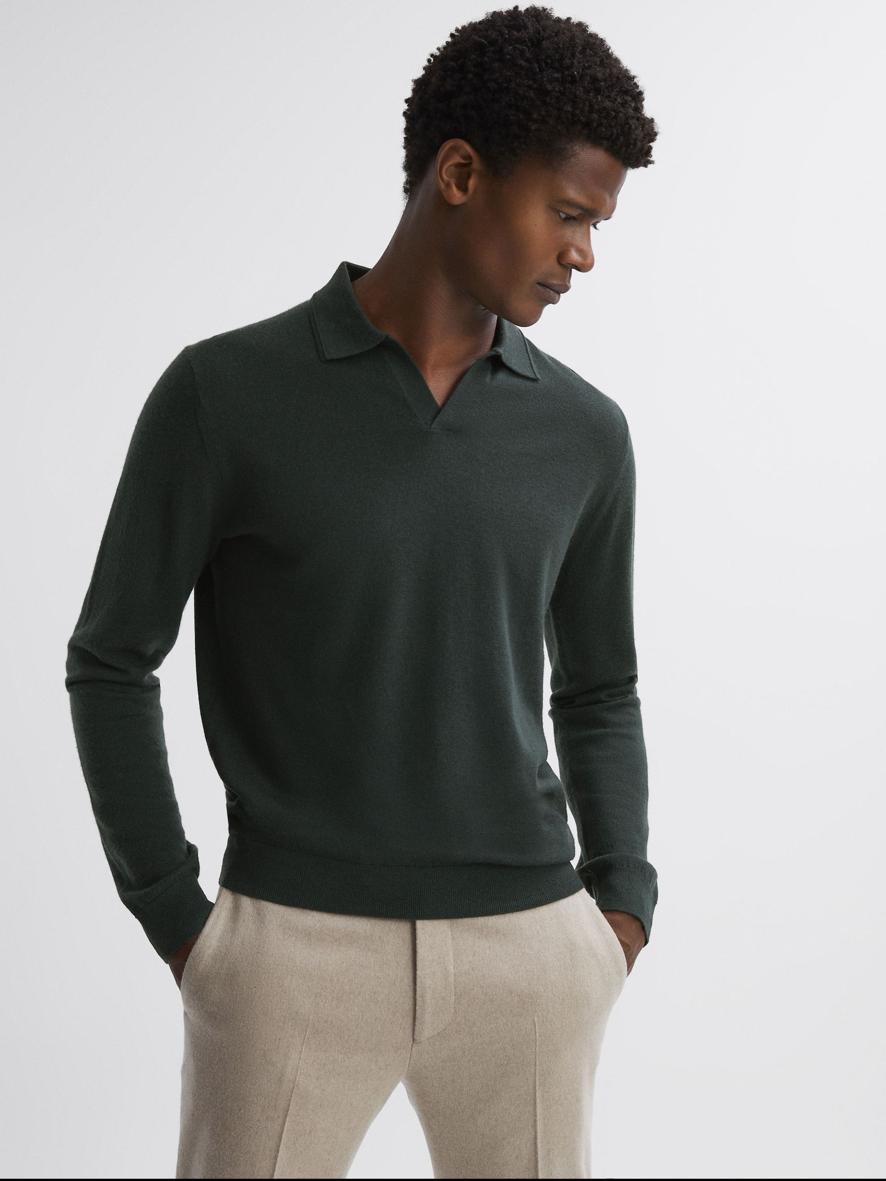 Merino Wool Open Collar Polo Shirt in Forest - Image 1 of 5
