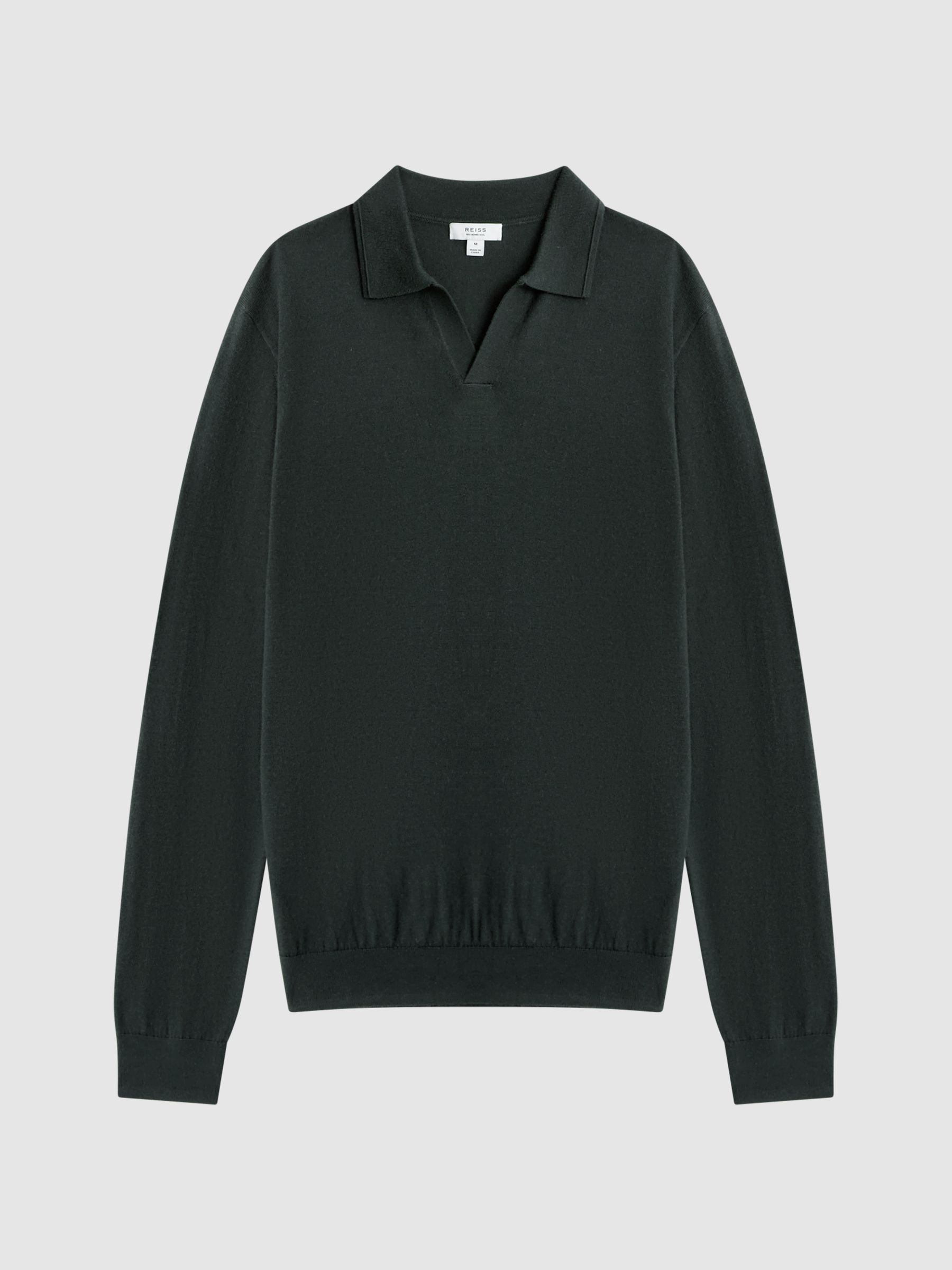 Merino Wool Open Collar Polo Shirt in Forest - Image 2 of 5 Merino Wool Open Collar Polo Shirt in Forest - Image 2 of 5