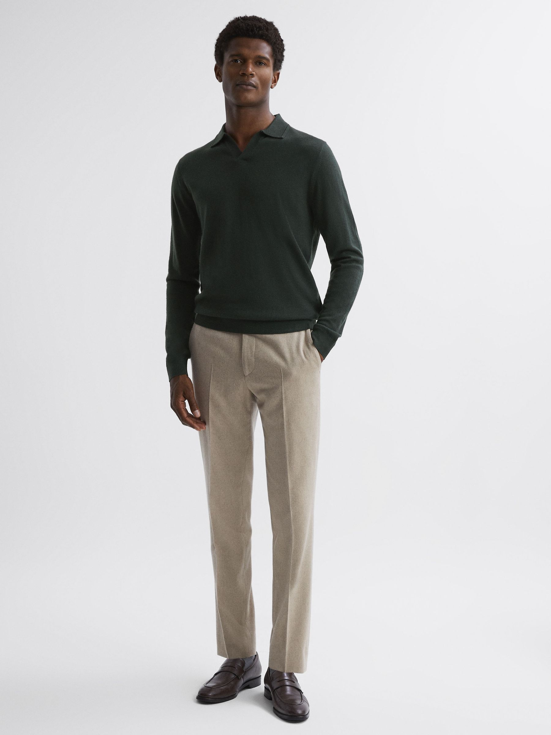 Merino Wool Open Collar Polo Shirt in Forest - Image 3 of 5