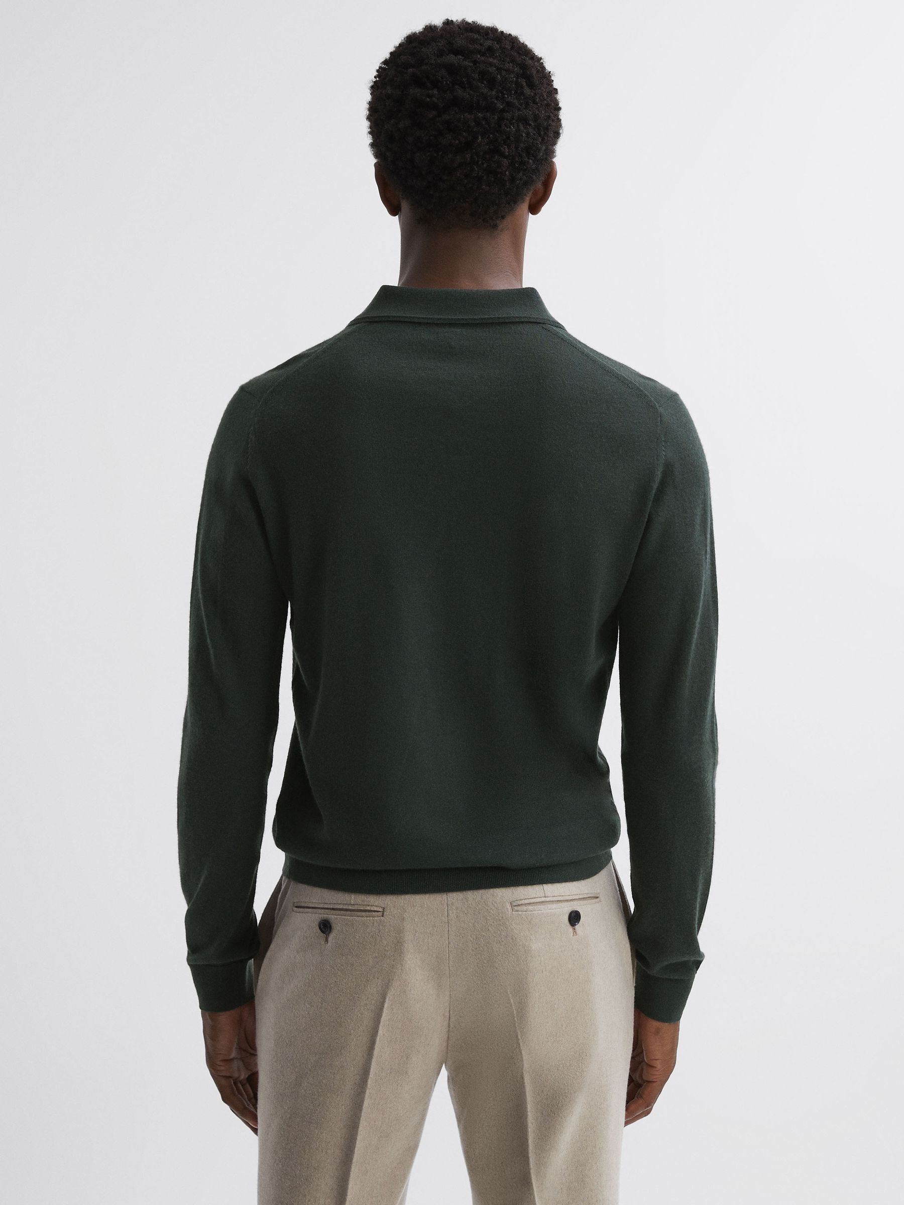 Merino Wool Open Collar Polo Shirt in Forest - Image 4 of 5