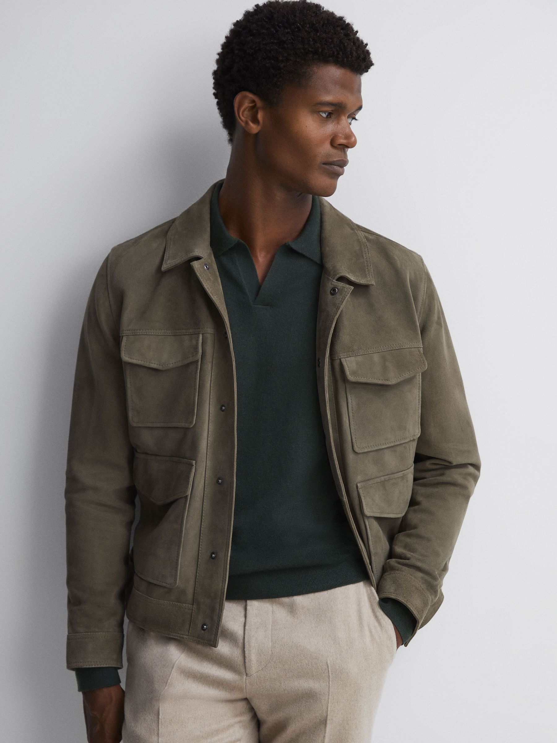 Merino Wool Open Collar Polo Shirt in Forest - Image 5 of 5