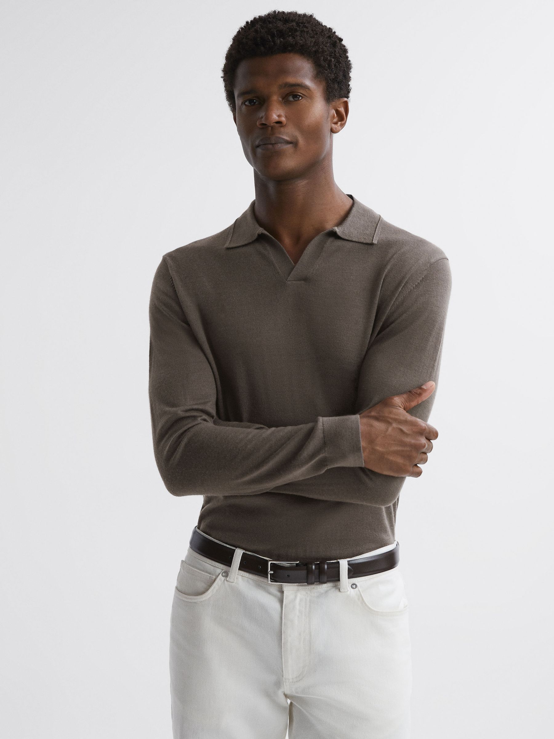 Merino Wool Open Collar Polo Shirt in Mushroom Brown - Image 1 of 4