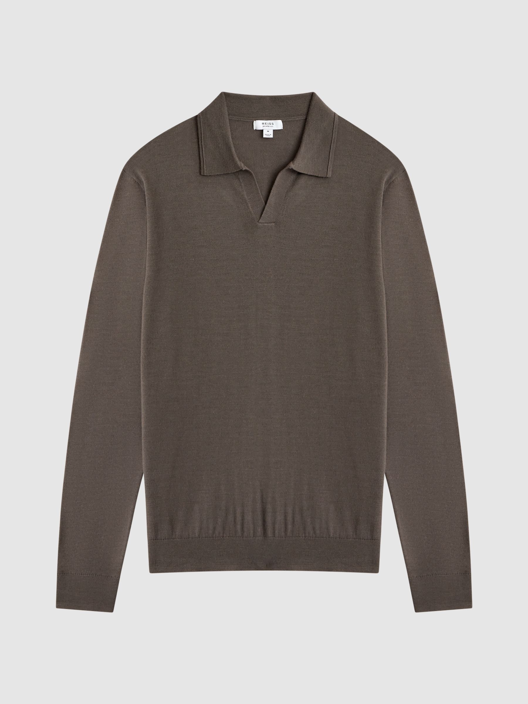Merino Wool Open Collar Polo Shirt in Mushroom Brown - Image 2 of 4