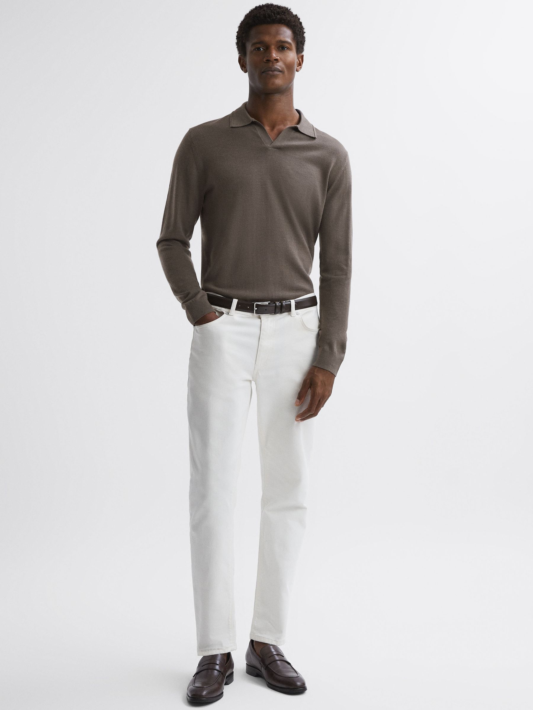 Merino Wool Open Collar Polo Shirt in Mushroom Brown - Image 3 of 4