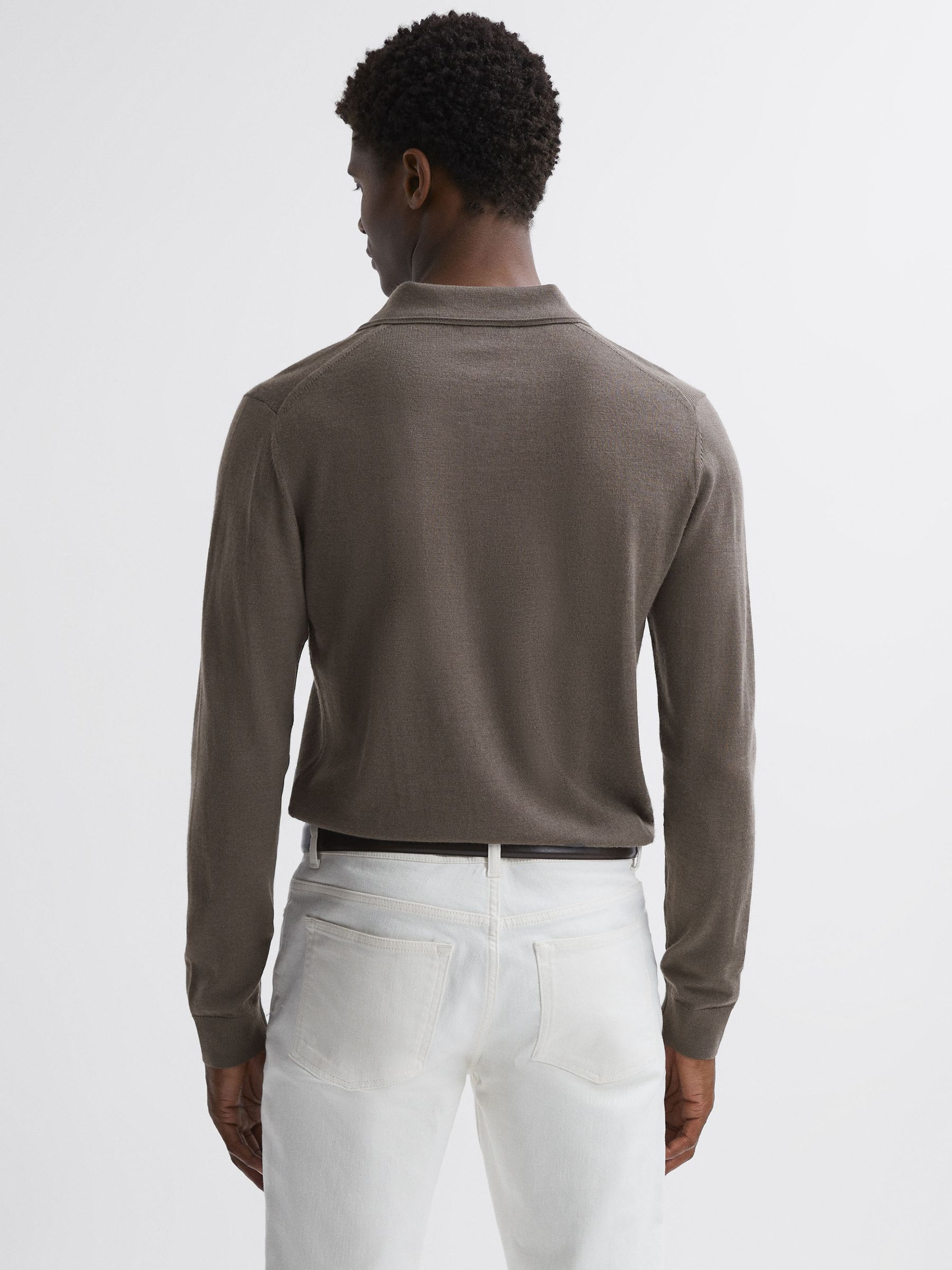 Merino Wool Open Collar Polo Shirt in Mushroom Brown - Image 4 of 4