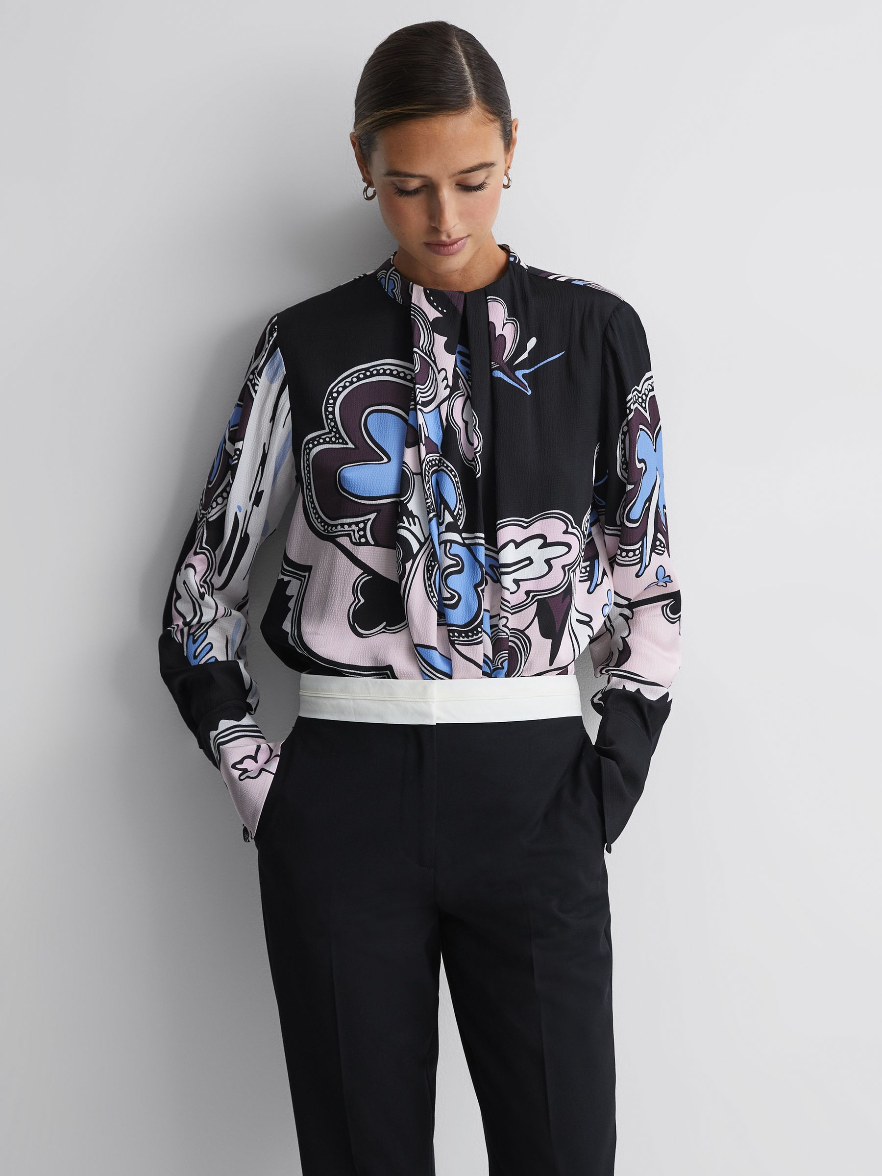 Printed Pleat Front Blouse in Black - Image 1 of 4