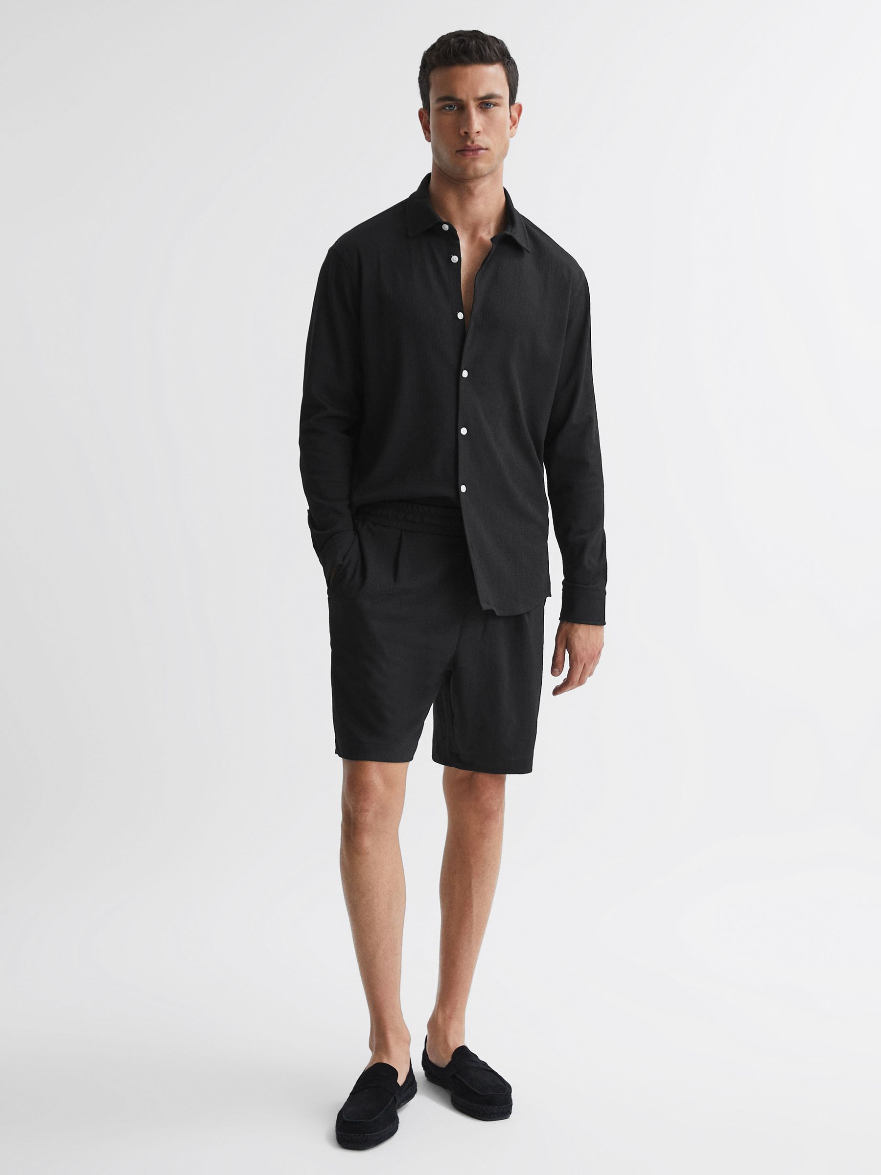 Textured Drawstring Shorts in Black - Image 1 of 4