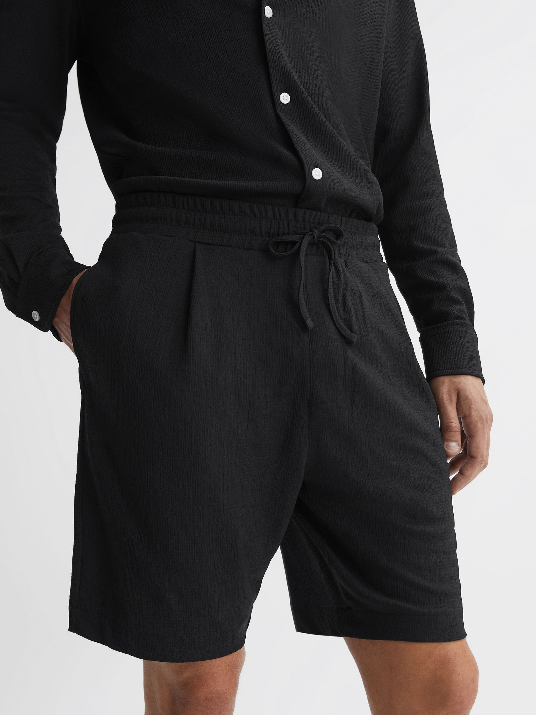 Textured Drawstring Shorts in Black - Image 3 of 4
