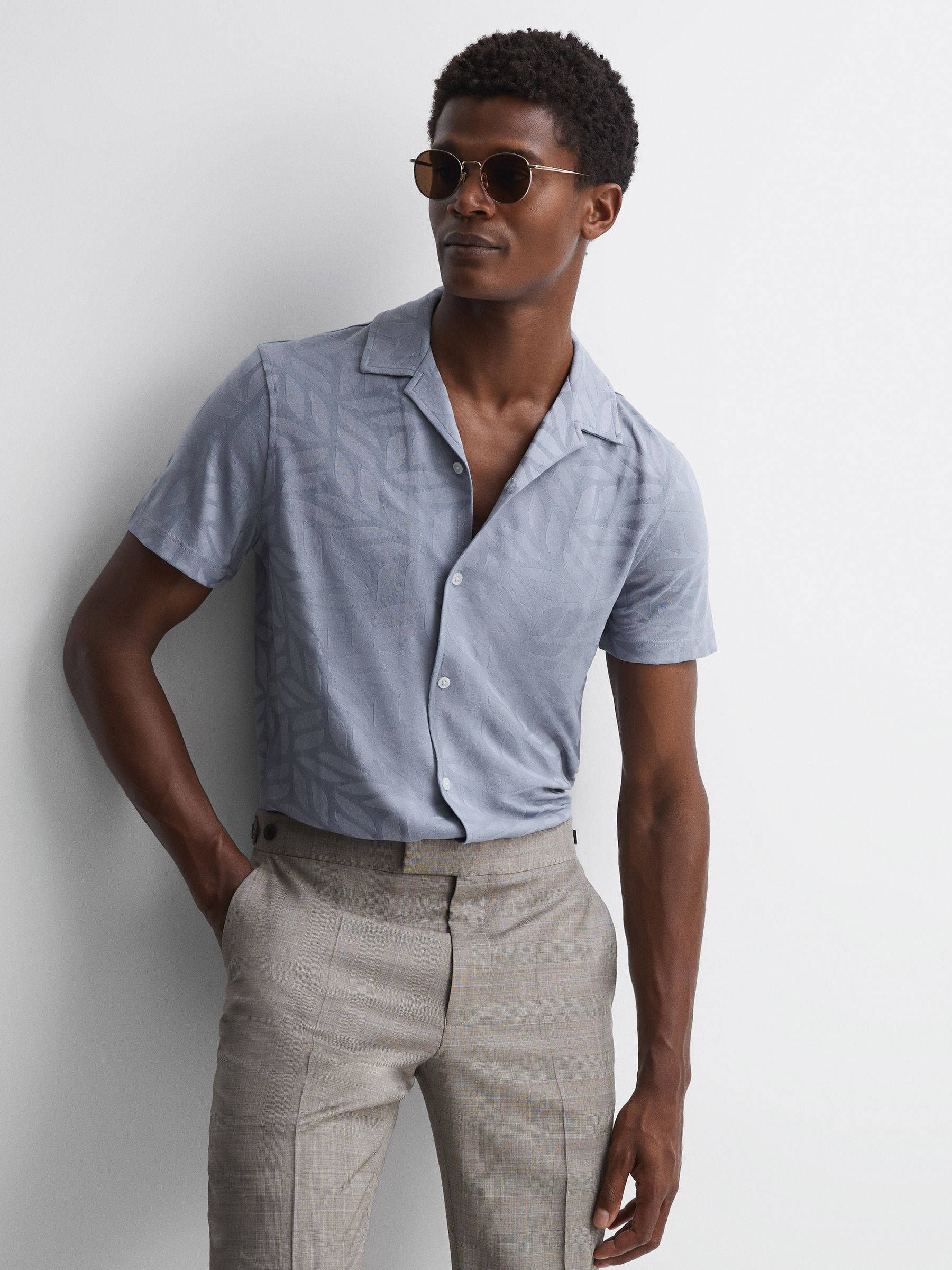 Jacquard Cuban Collar Button Through T-Shirt in Airforce Blue - Image 1 of 5 Jacquard Cuban Collar Button Through T-Shirt in Airforce Blue - Image 1 of 5