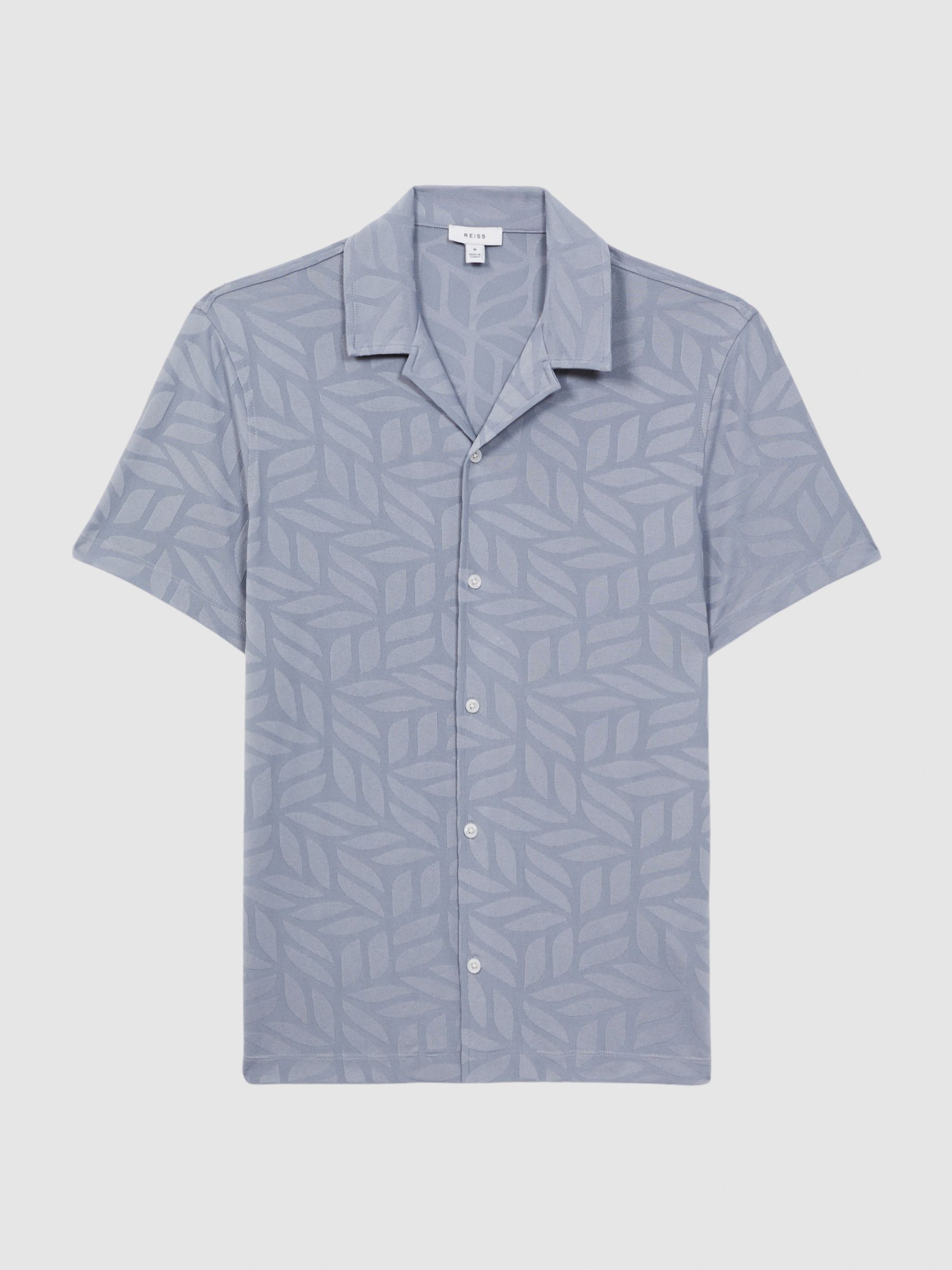 Jacquard Cuban Collar Button Through T-Shirt in Airforce Blue - Image 2 of 5 Jacquard Cuban Collar Button Through T-Shirt in Airforce Blue - Image 2 of 5