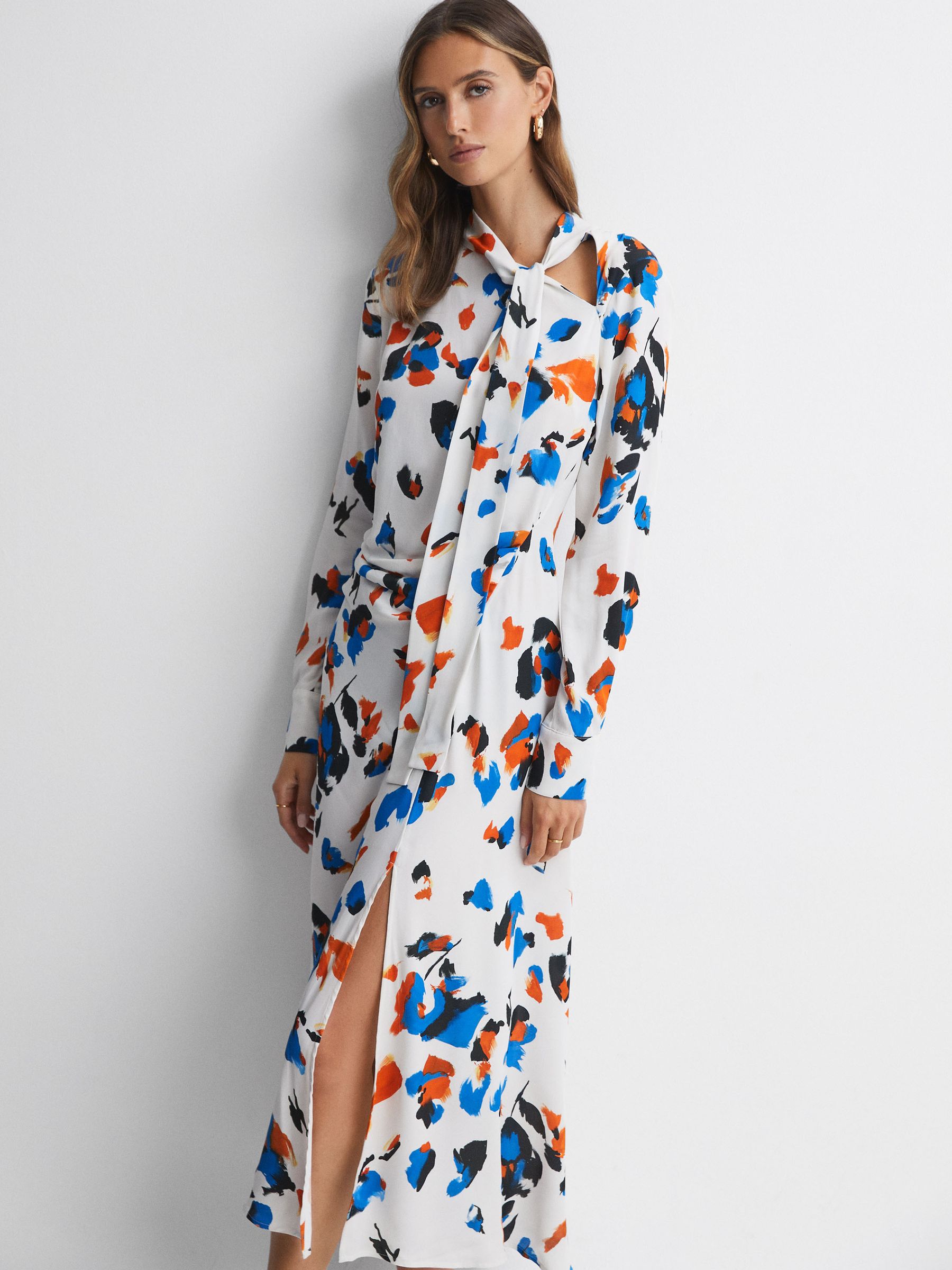 Printed Tie Neck Midi Dress in Blue - Image 1 of 5