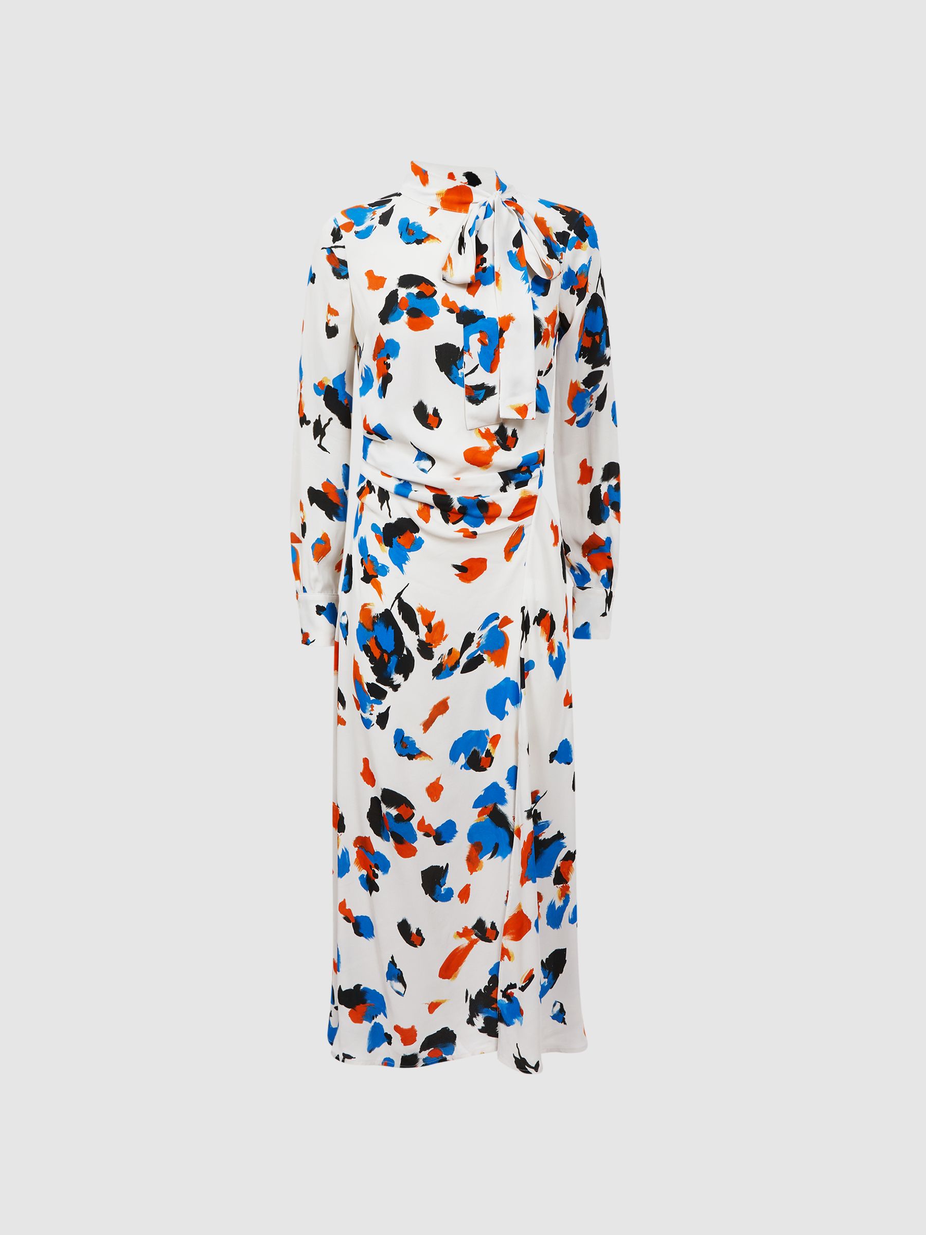 Printed Tie Neck Midi Dress in Blue - Image 2 of 5