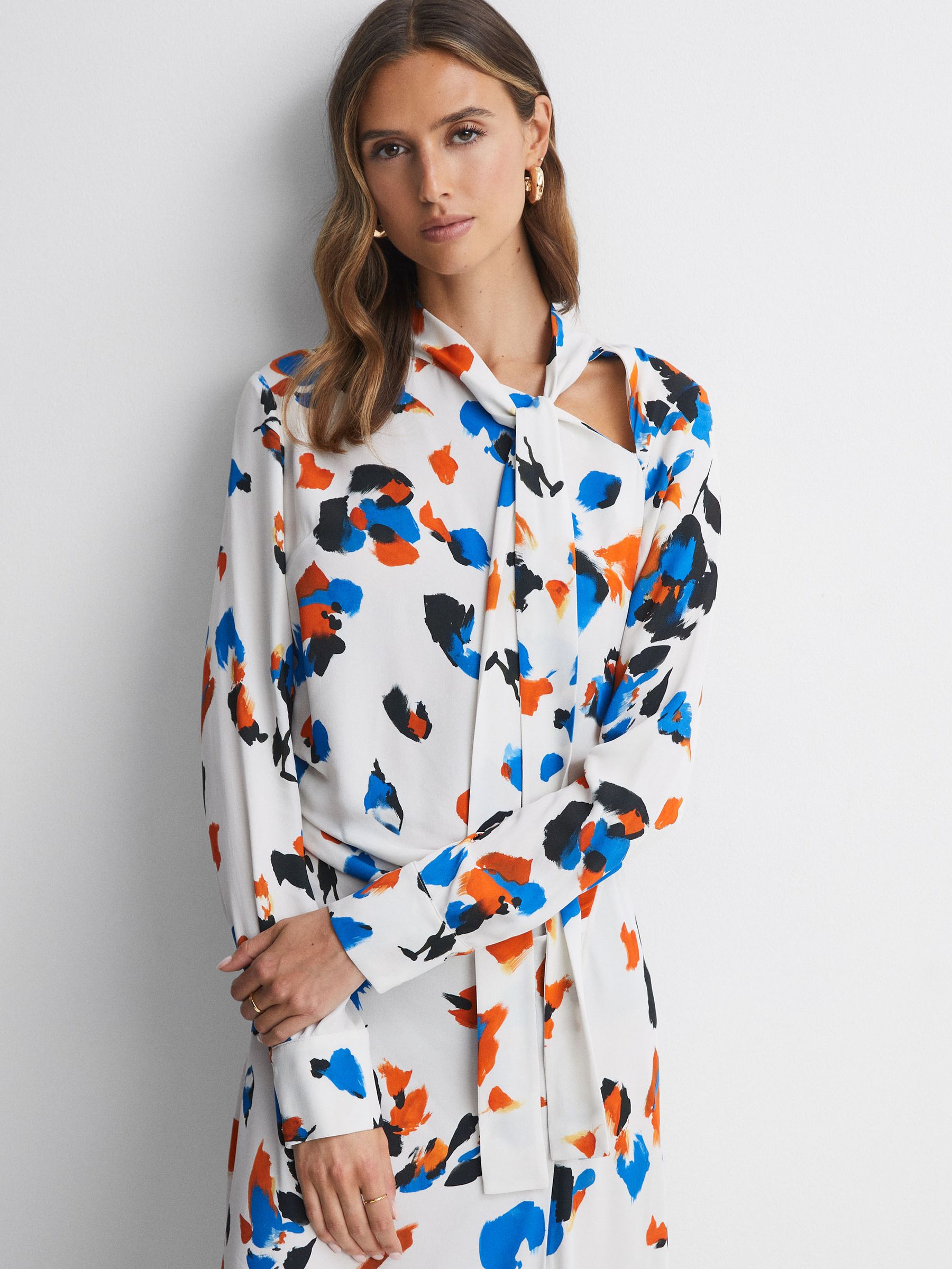 Printed Tie Neck Midi Dress in Blue - Image 3 of 5