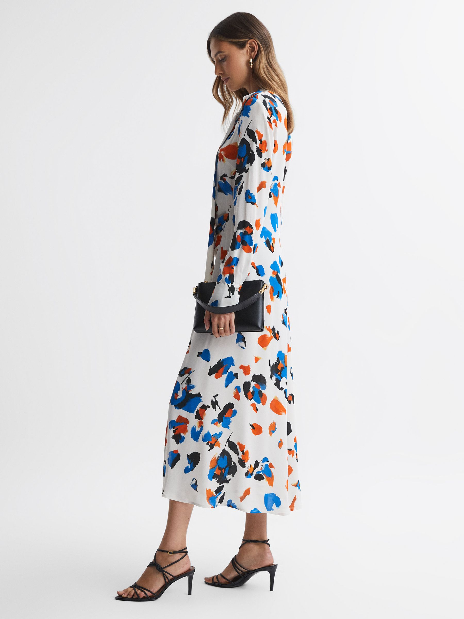 Printed Tie Neck Midi Dress in Blue - Image 4 of 5
