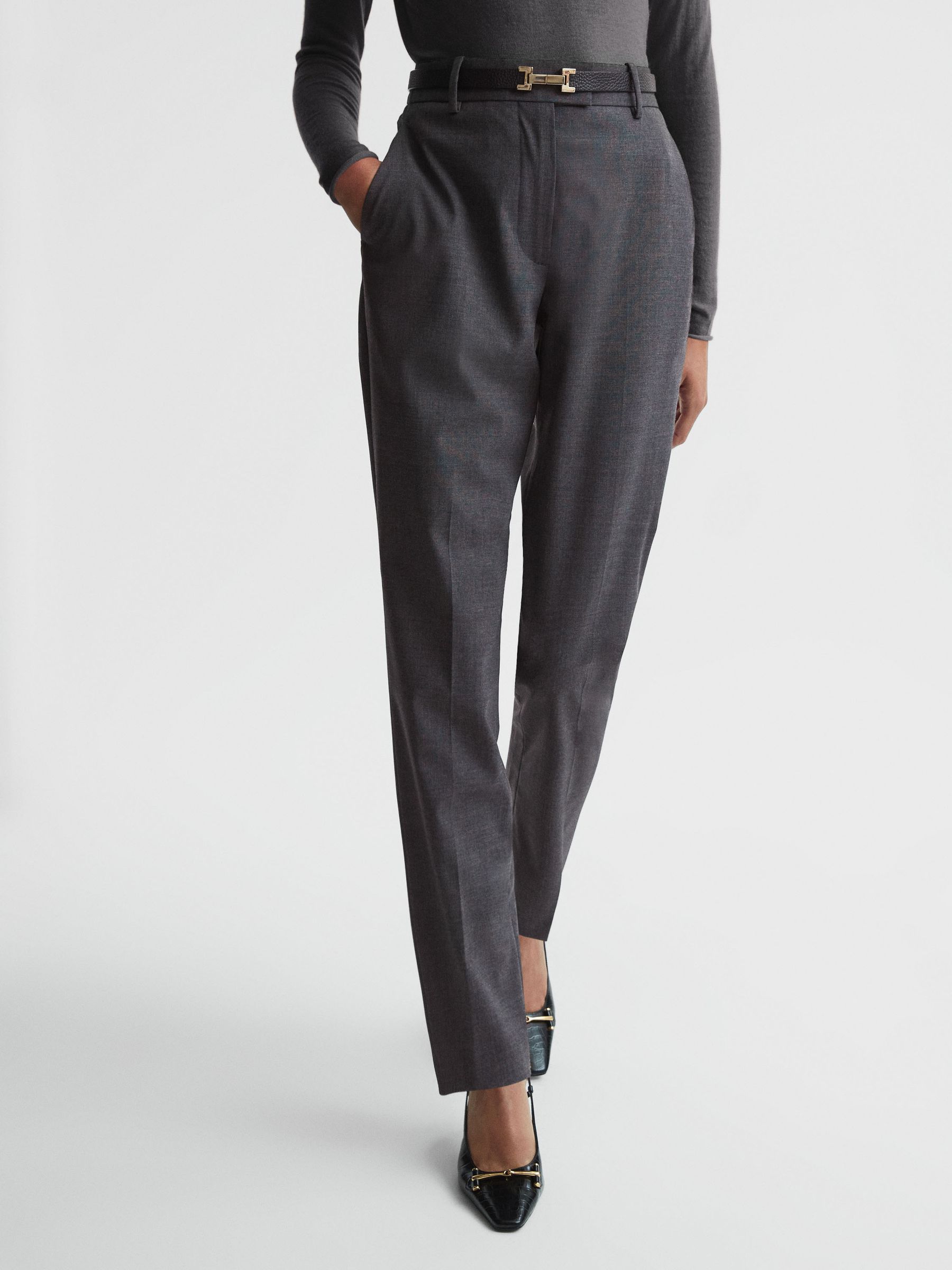 Petite Slim Fit Wool Blend Trousers in Grey Melange - Image 1 of 5