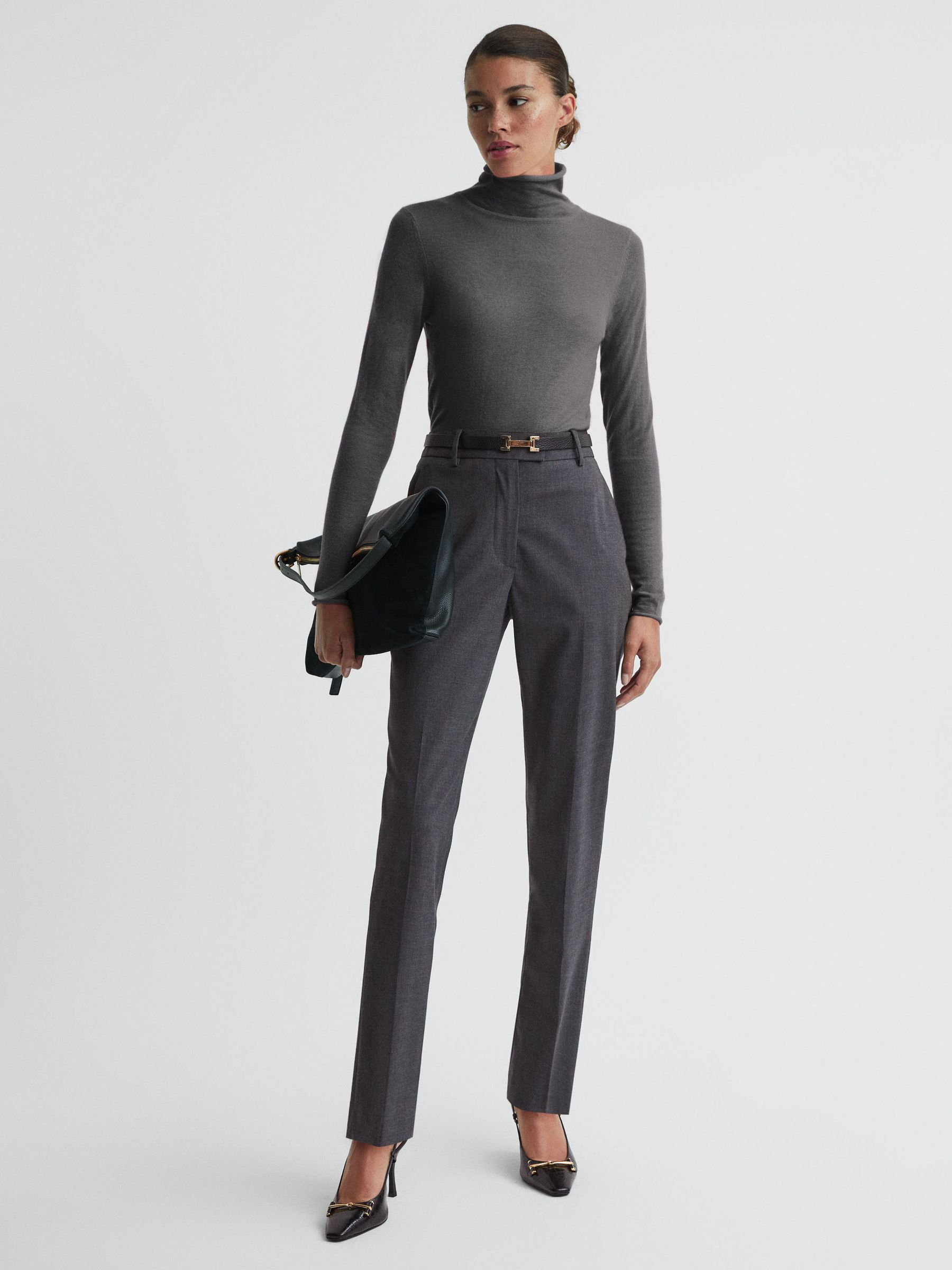 Petite Slim Fit Wool Blend Trousers in Grey Melange - Image 3 of 5