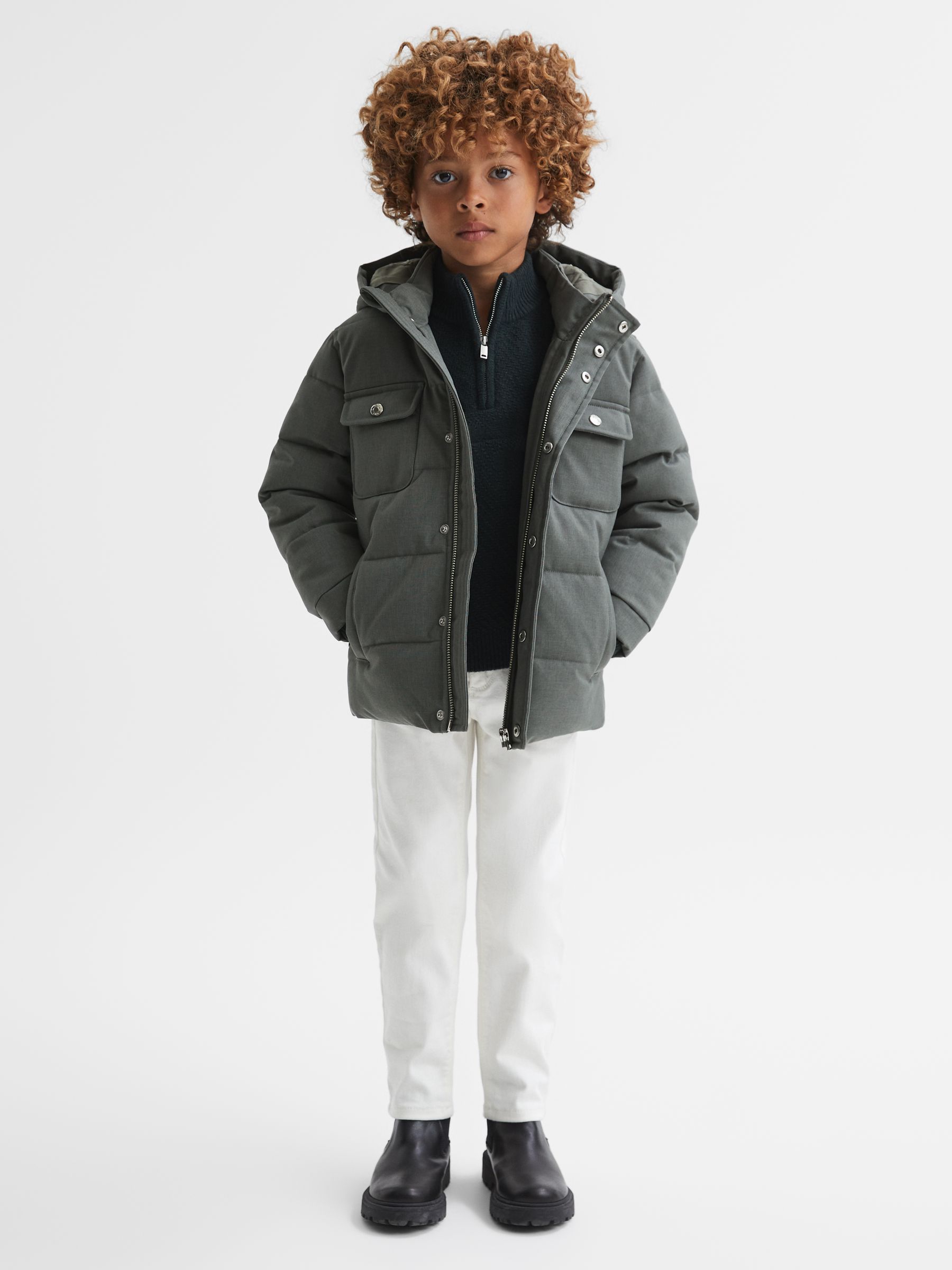 Senior Quilted Hooded Coat in Khaki - Image 1 of 6