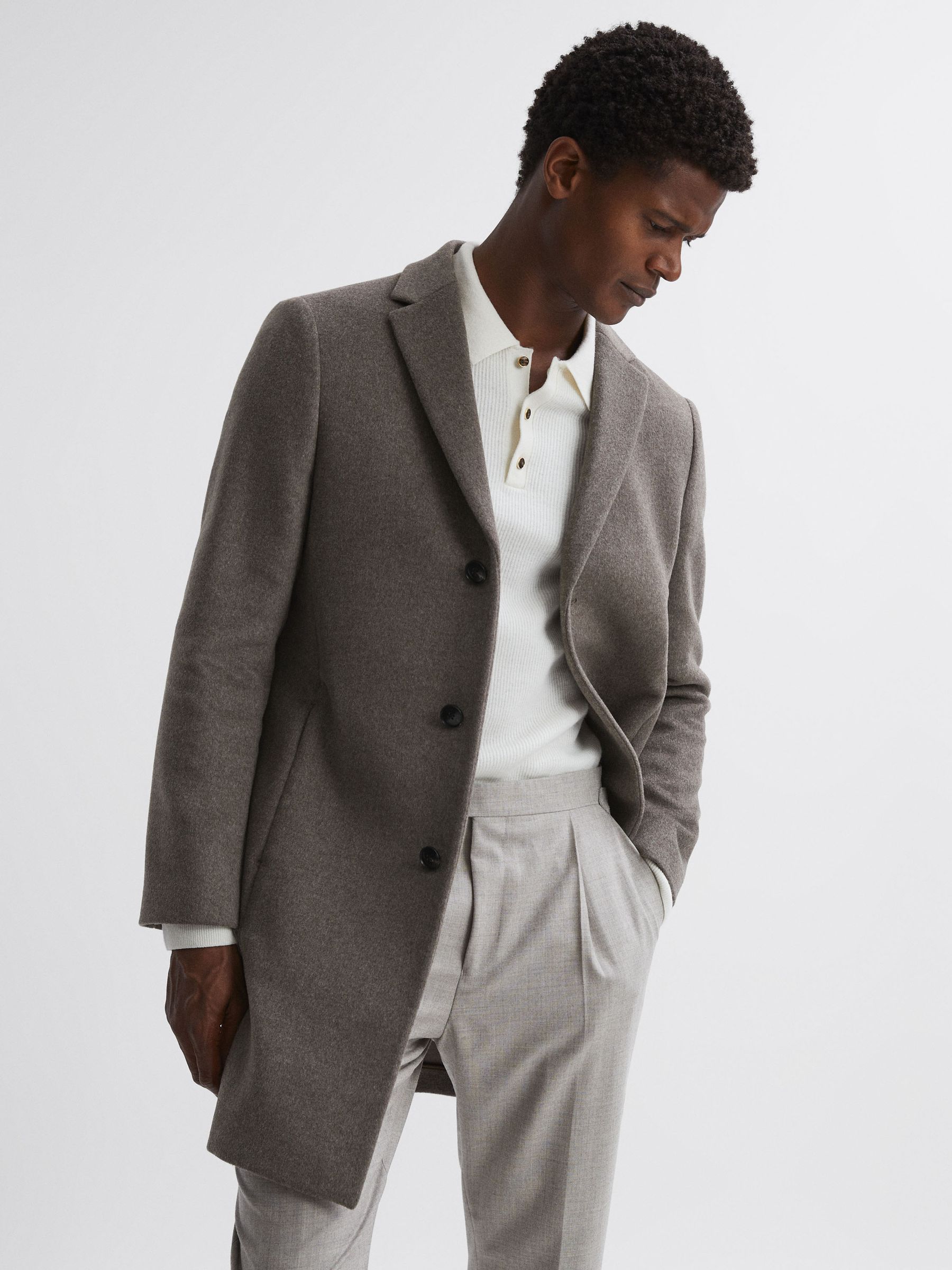 Wool Blend Single Breasted Epsom Overcoat in Mouse Melange - Image 3 of 5