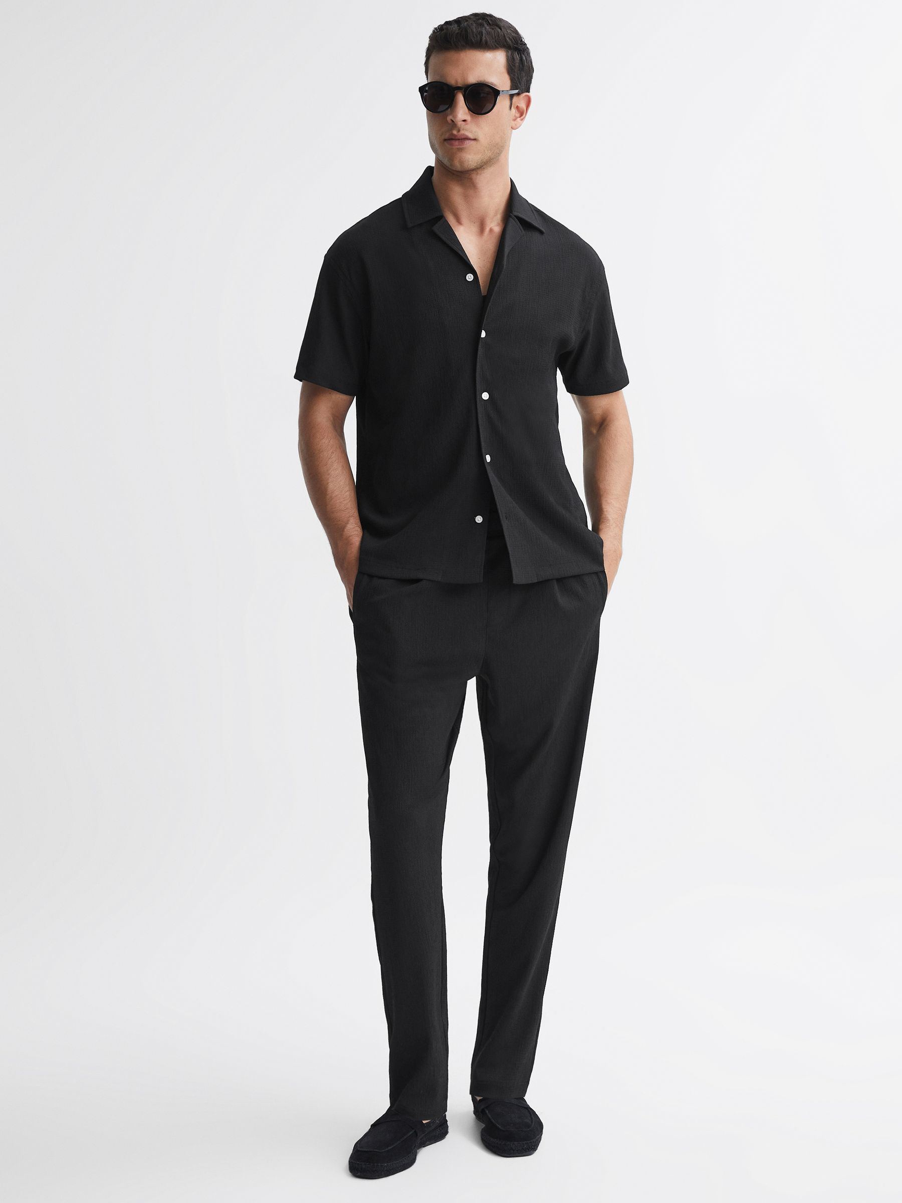 Textured Button-Through T-Shirt in Black - Image 1 of 4