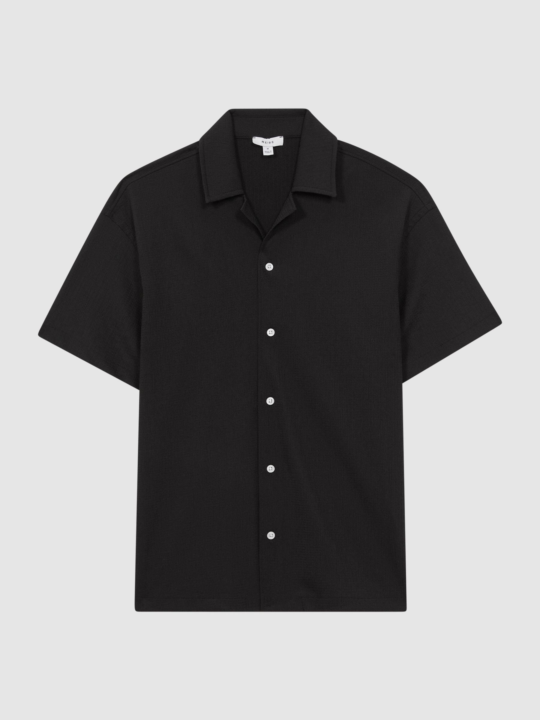 Textured Button-Through T-Shirt in Black - Image 2 of 4